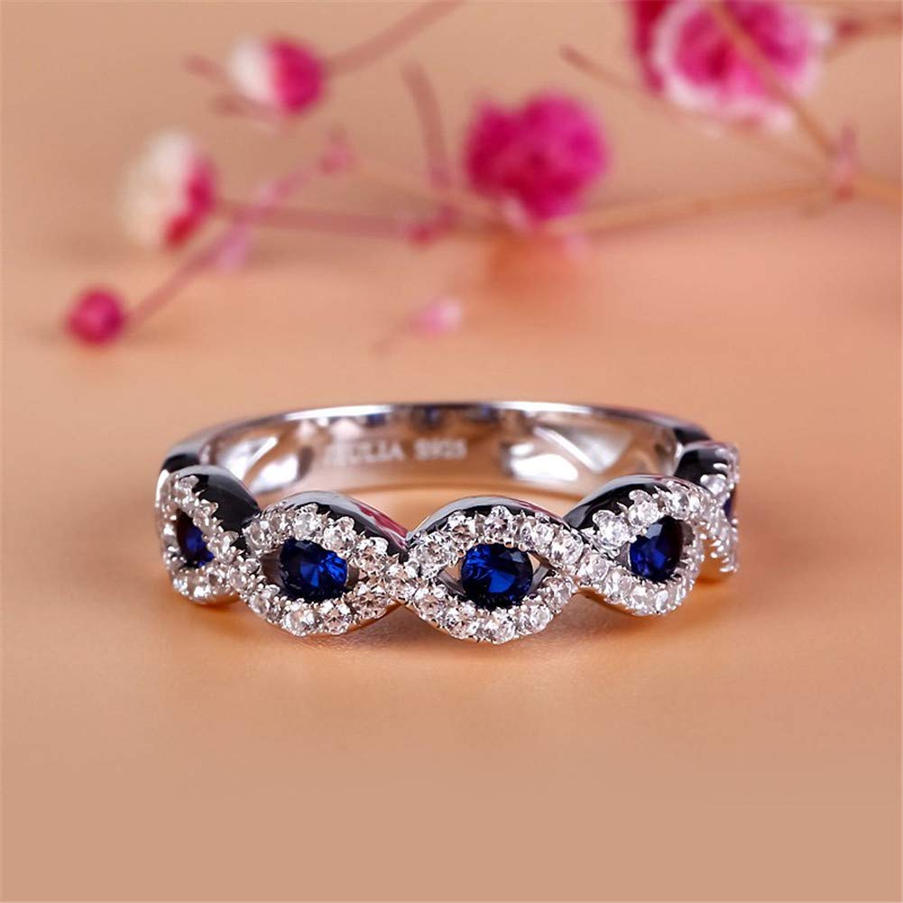 Jeulia Engraved Wedding Stackable Rings - Sterling Silver Half Eternity Band with Sapphire Blue & White Diamond CZ - Anniversary Promise Rings for Women - Perfect for Engagement, Proposal & Romantic Gifts - Comes with Jewelry Box
