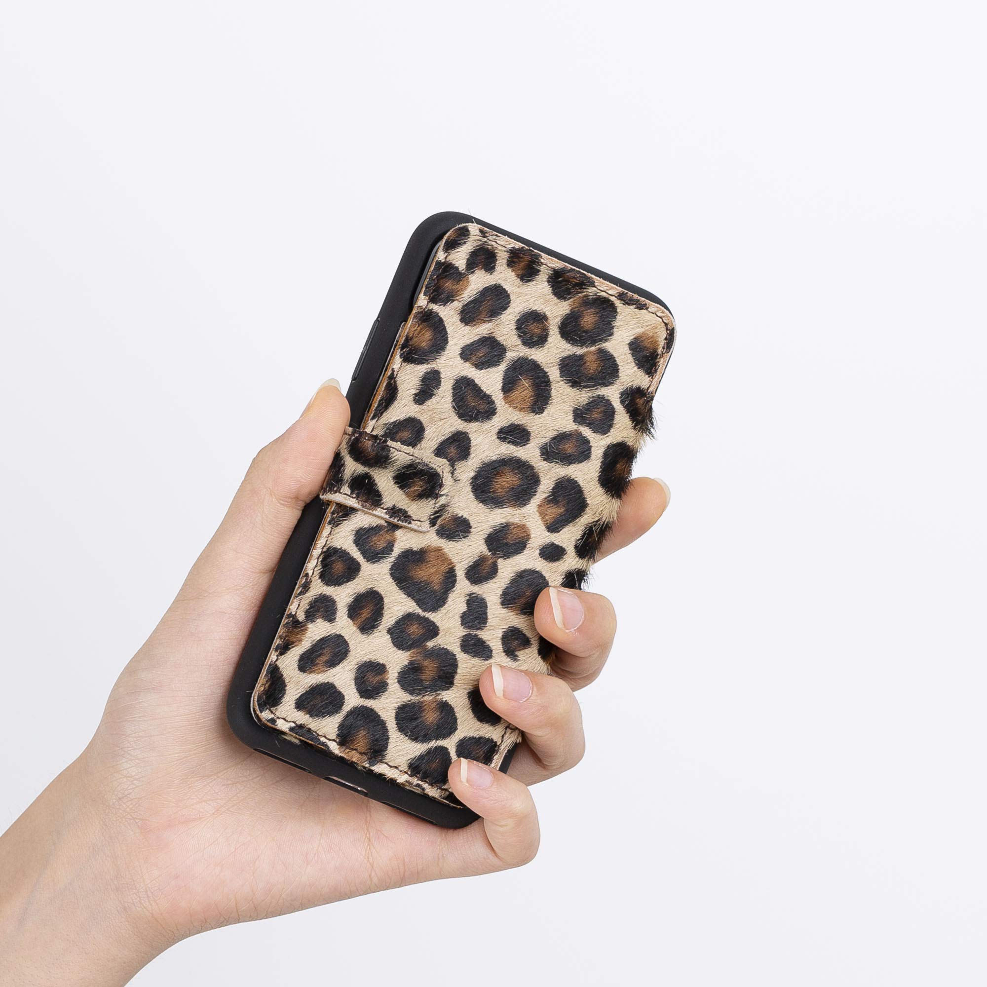 Venito Verona Genuine Leather iPhone X/XS (5.8 inch) Wallet Case with RFID Blocking - Slim Flip Cover with Card Slots - Faux Fur Leopard Print Design - Perfect for Everyday Use & Travel Protection