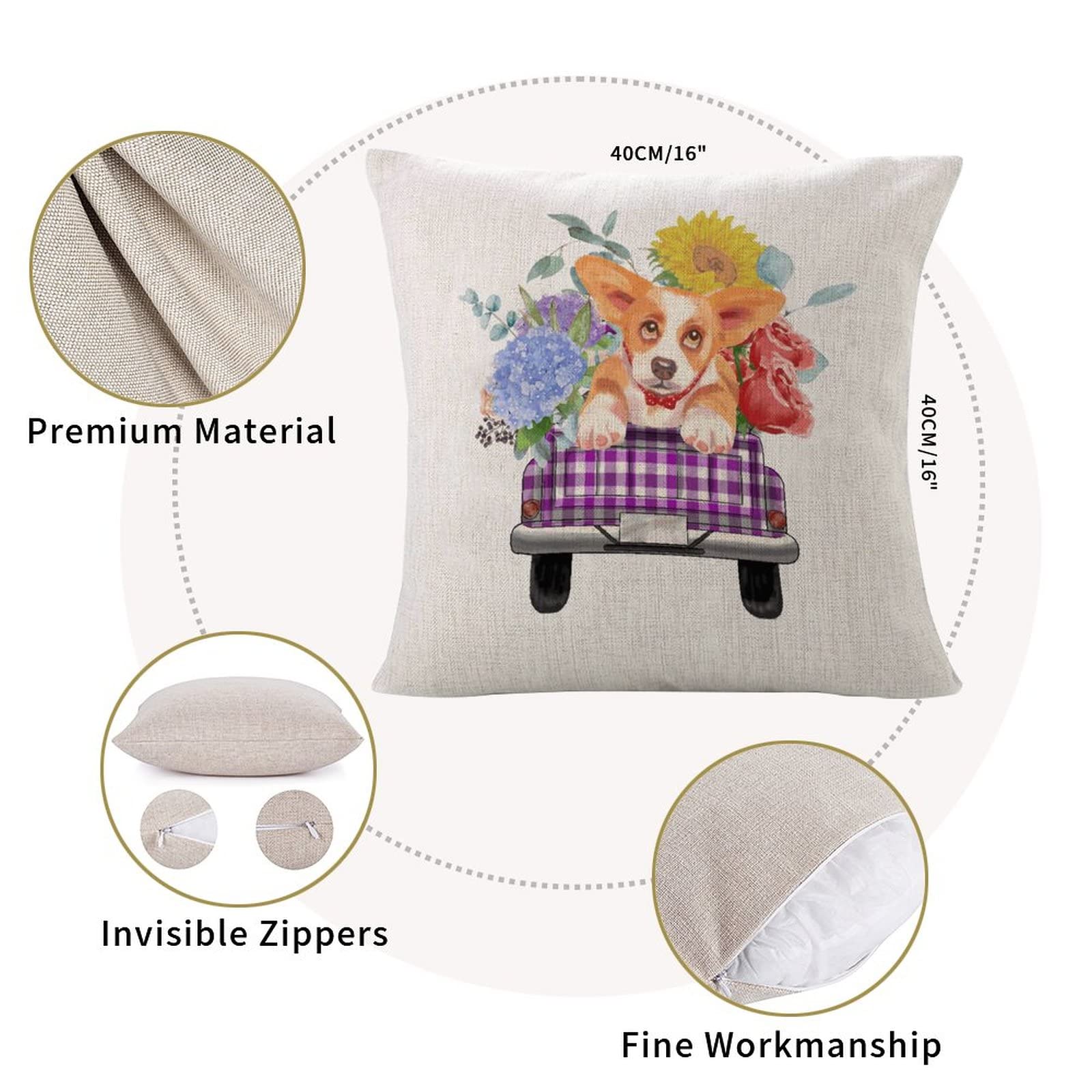 Floral Truck and Dog Square Cotton Linen Cushion Covers - Durable Zippered Throw Pillowcases for Sofa, Bedroom, Living Room & Car - Home Decor & Cozy Indoor Comfort