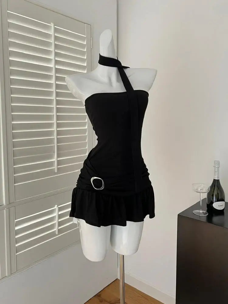 Elegant Black Pleated A-Line Short Dress for Women - Sexy Off Shoulder Ruffled Edge Strapless Club Dress - Summer Sleeveless Brown Mini Dress | Perfect for Night Out, Party, Date Night and Special Occasions