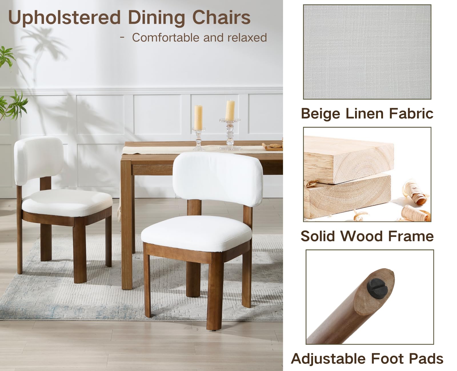 Beige Upholstered Dining Chairs Set of 2 - Mid Century Modern Wooden Kitchen Chairs with Linen Fabric, Farmhouse Style Armless Accent Chairs for Dining Room, Living Room & Home Decor - Perfect for Small Spaces and Cozy Gatherings