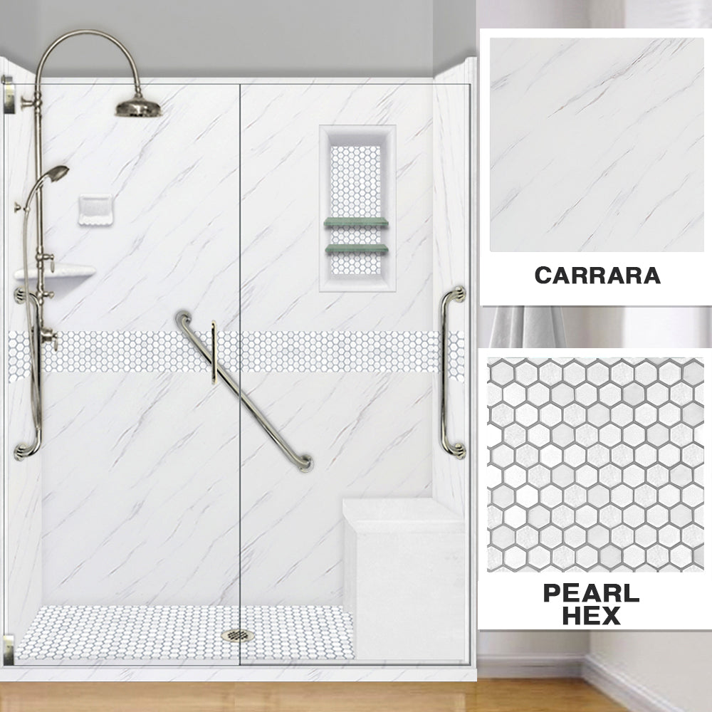 Freedom 60 Alcove Carrara Medici Marble & Pearl Hex Mosaic Tile - DIY Shower Remodel Kit for Bathroom & Backsplash Upgrade | Waterproof & Easy Installation