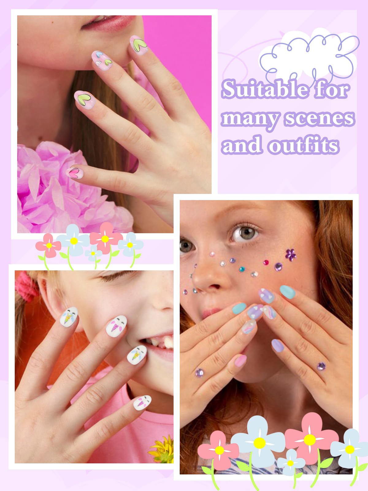 EBANKU 3 Pack Press on Nails for Kids 8-12 Years - 78 Pieces Colorful Heart Fake Nails Kit with Jelly Nail Adhesives & Nail Builder Glue - Perfect for Birthday Parties, Playdates & DIY Nail Art Fun