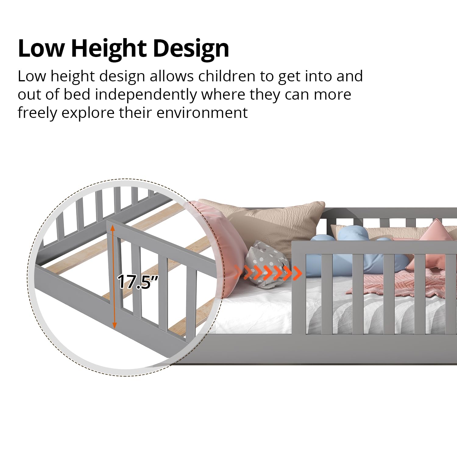 Montessori Twin Floor Bed for Kids - Solid Wood Toddler Bed Frame with Safety Guardrails, Multifunctional Low Profile Bed, Easy Assembly, Gray - Perfect for Montessori Rooms, Daycare, and Small Spaces