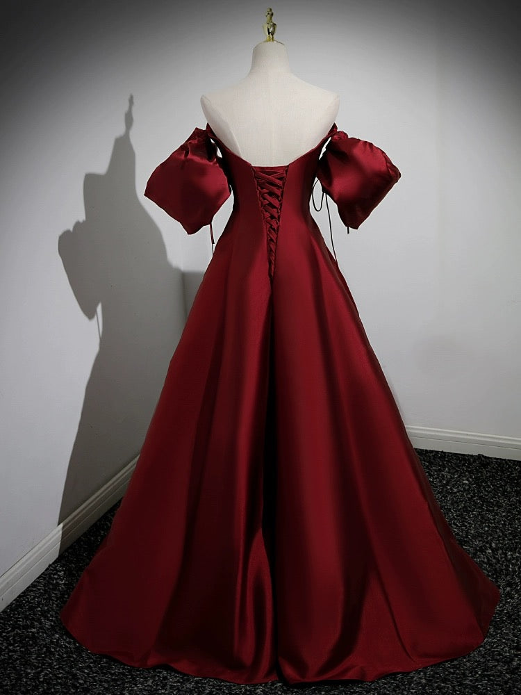 Elegant A-Line Puff Sleeve Satin Burgundy Dress for Women | Formal Evening Gown for Parties, Weddings & Special Occasions