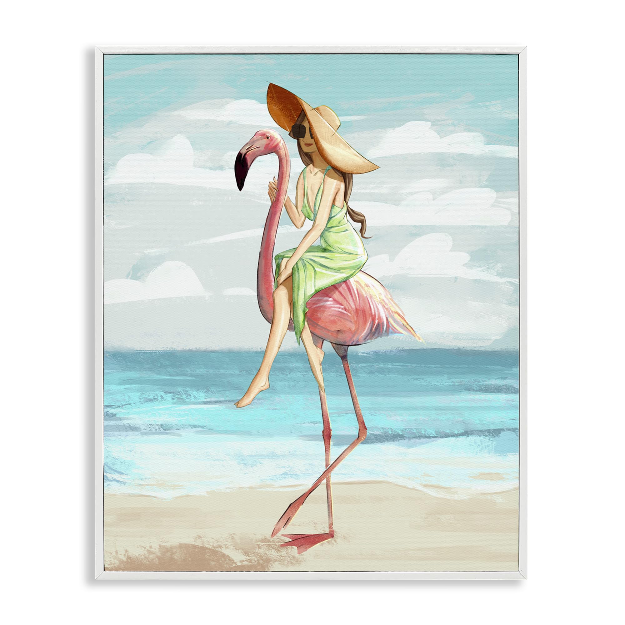 Stupell Industries Tropical Beach Wall Art - Pink Flamingo with Woman Rider, White Framed Decor 24x30, Green - Perfect for Bathroom, Bedroom & Coastal Home Decor