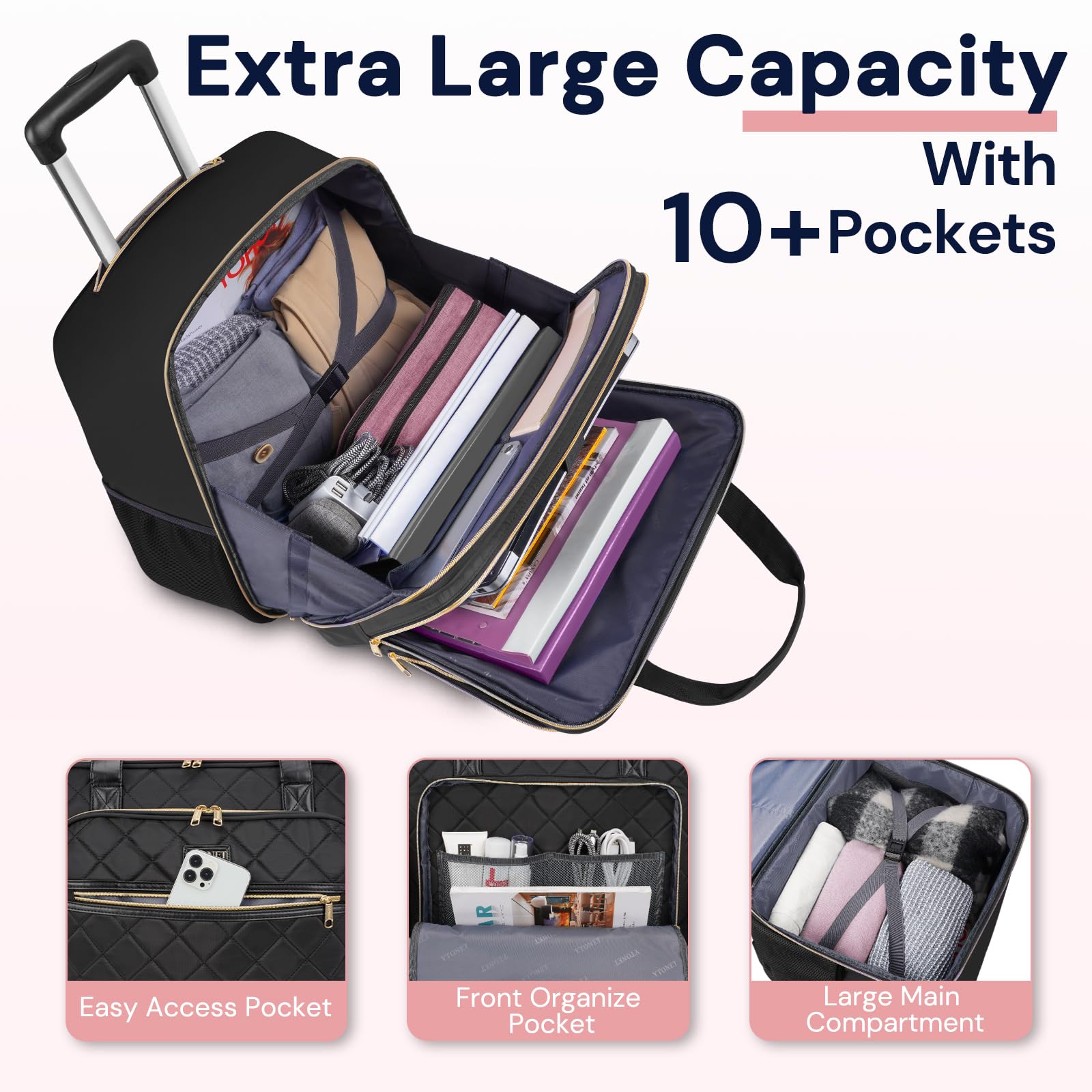 Ytonet Extra Large Rolling Laptop Briefcase for Women - Fits 18 Inch Laptop, Durable Rolling Computer Bag with Wheels for Work, Travel, College, Business, Overnight Trips - Perfect for Wife, Mom, Teacher - Black