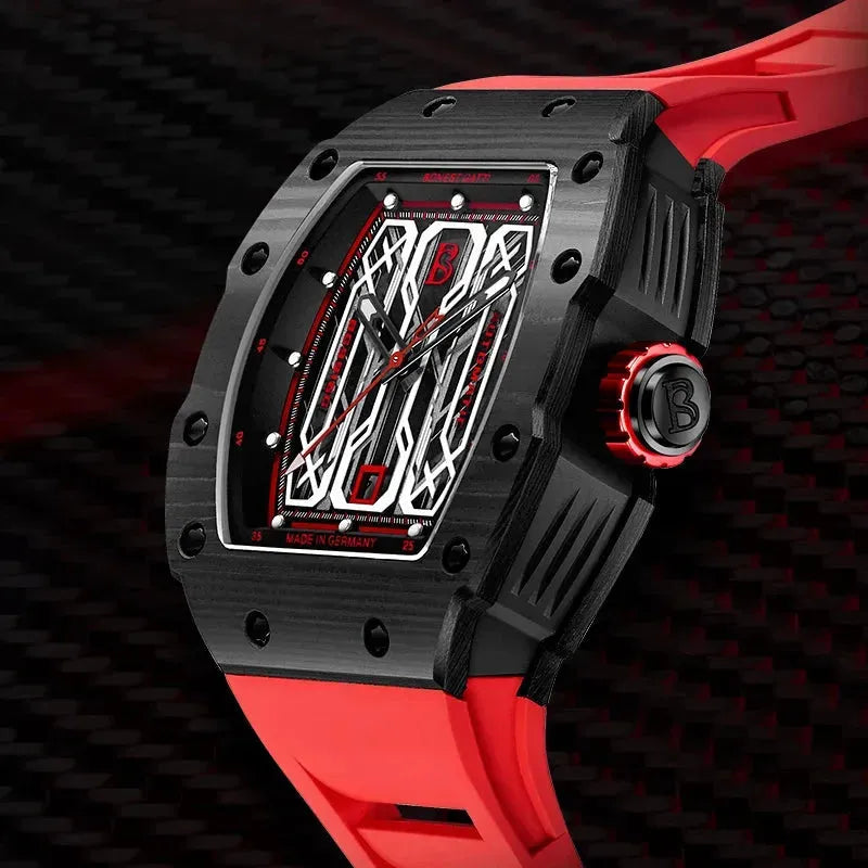 BONEST GATTI Men's Automatic Mechanical Watch - Carbon Fiber & Titanium Case, Waterproof, Luminous Hands, Fluororubber Strap - Perfect for Business, Casual & Outdoor Activities