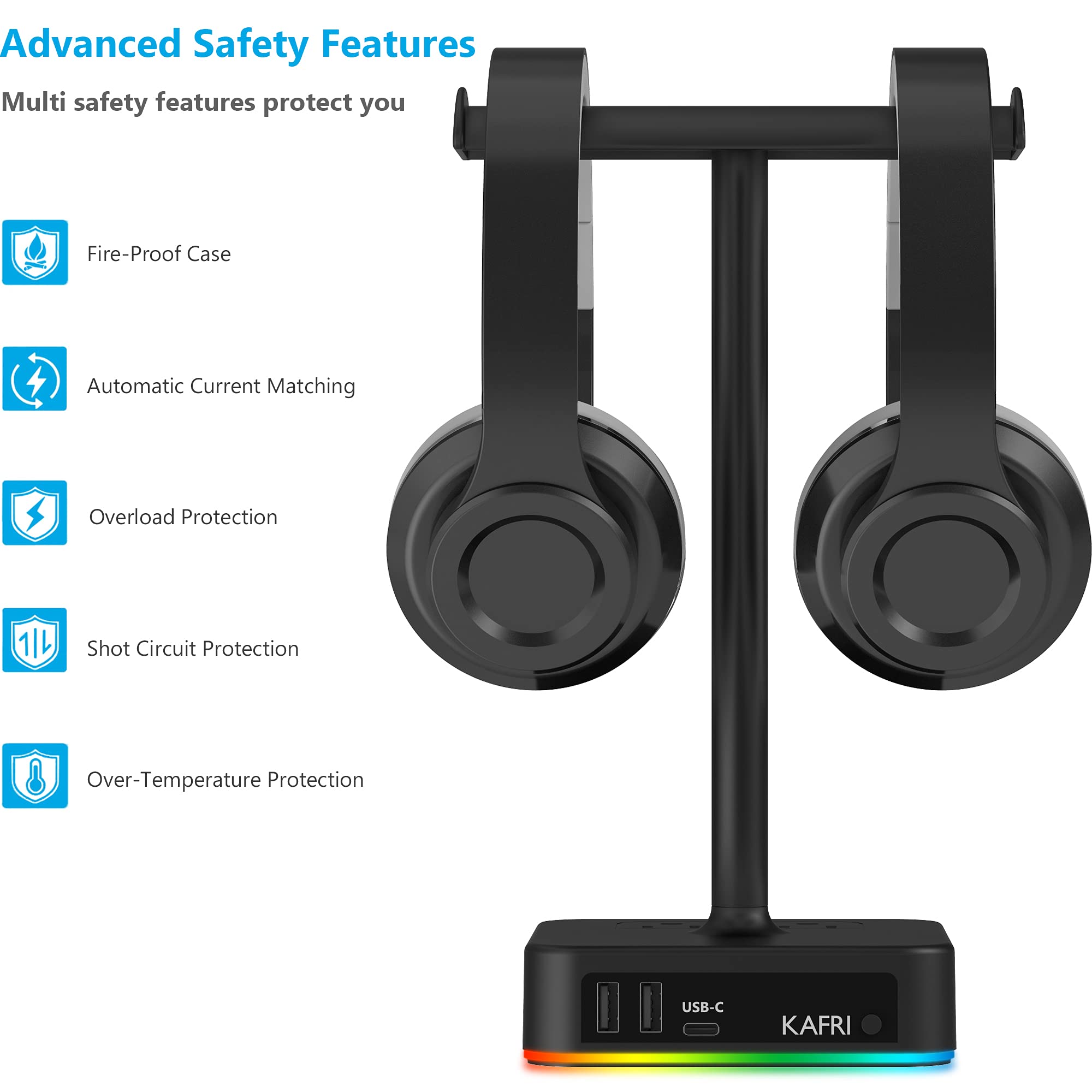 KAFRI RGB Dual Headphone Stand with USB C Charger - Gaming Headset Holder with 3 USB Ports & 2 Outlets - Desk Organizer for Gamers | Perfect for PC Setup, Streaming Station & Office Workspace