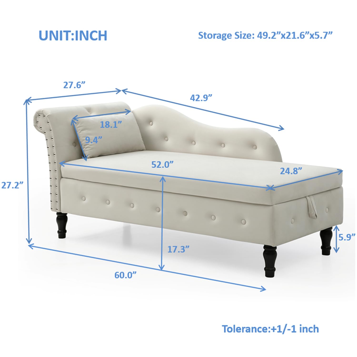 Holaki Velvet Storage Chaise Lounge - Tufted End of Bed Bench with Pillow, Nailhead Trim & Solid Wood Legs | Modern Sleeper Sofa Couch for Living Room, Bedroom & Dorm (Beige) - Perfect for Small Spaces, Guest Seating & Extra Storage