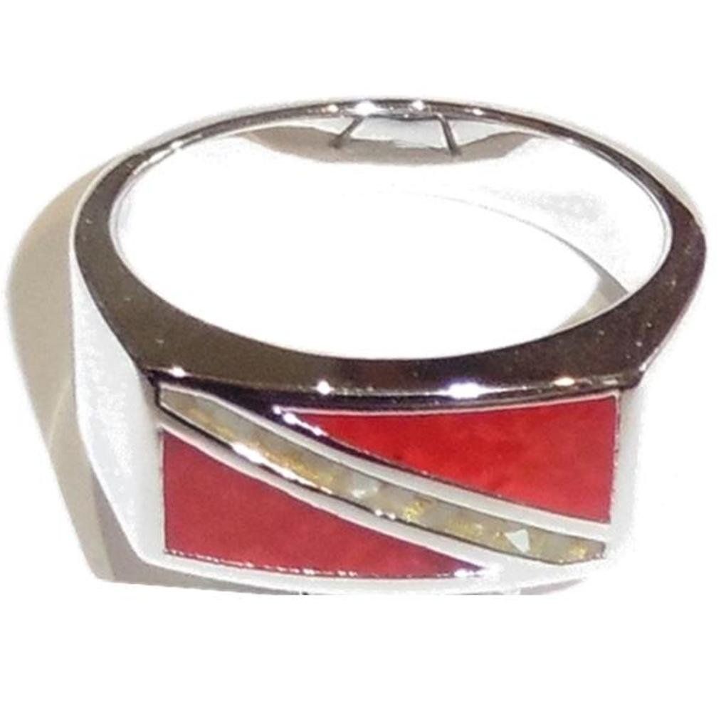 Dive Flag Ring - Tarnish-Free Rhodium-Plated Brass, Simulated Red Coral & Mother-of-Pearl Inlay - Perfect for Scuba Diving, Beach Vacations & Nautical Jewelry Gifts