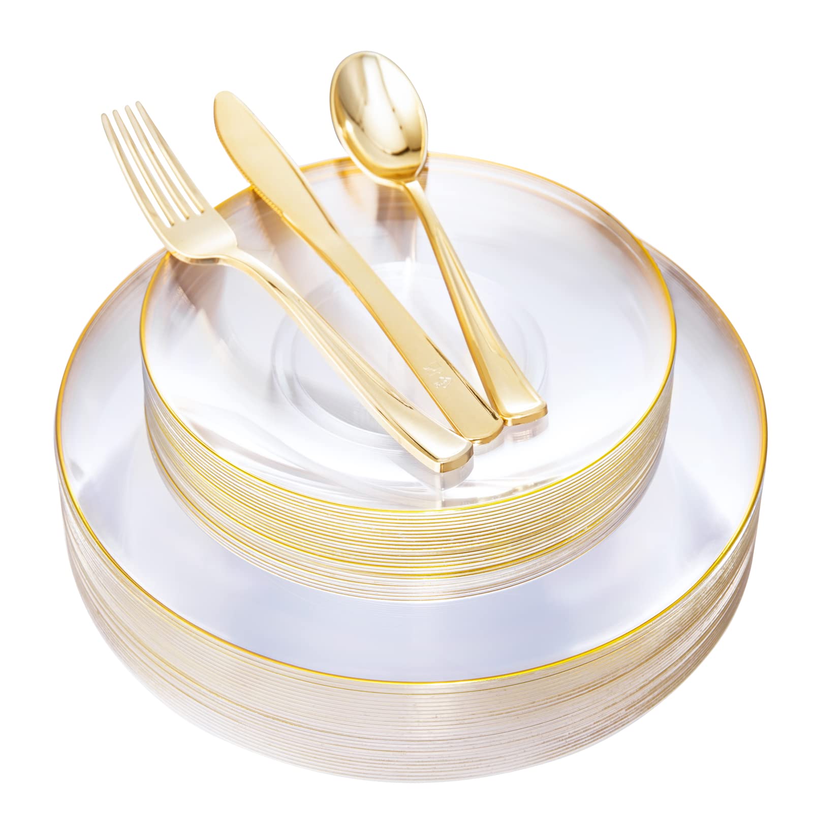 125-Piece Clear Gold Plastic Dinnerware Set - 25 Gold Rimmed Plates, 25 Dessert Plates, 25 Forks, 25 Knives, 25 Spoons - Elegant Disposable Tableware for Weddings, Parties, Christmas & Holiday Celebrations