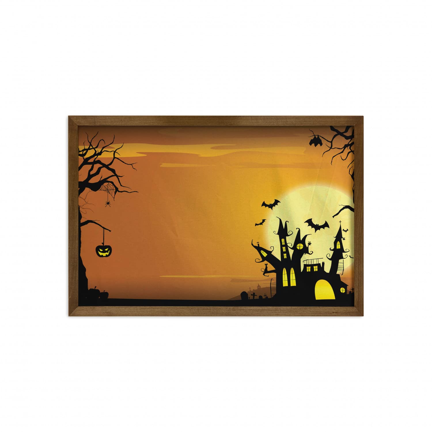 Ambesonne Halloween Framed Wall Art - Gothic Haunted House with Bats, Spooky Night Scene & Pumpkin Drawing - Orange & Black Fabric Decor with Teak Wood Frame (35