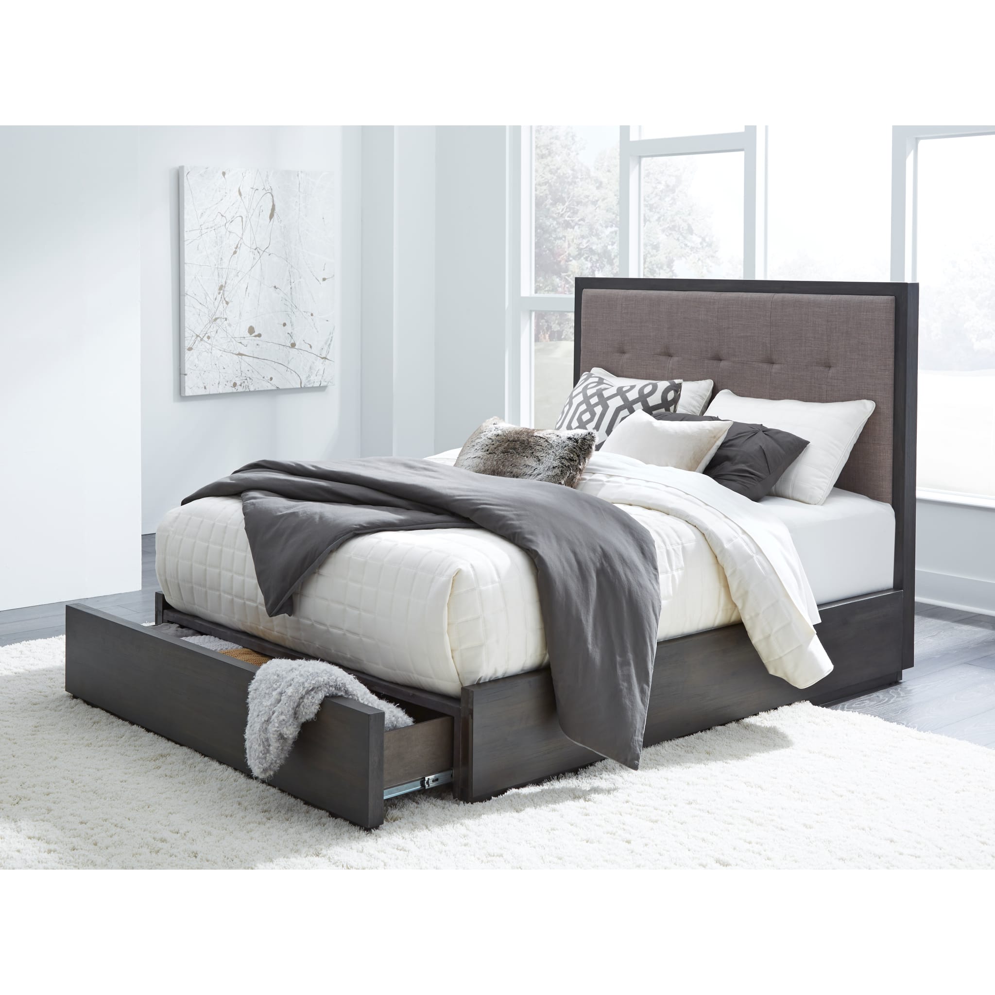 Oxford Upholstered Footboard Storage Bed with Drawers - Queen Size Platform Bed Frame with Headboard - Modern Bedroom Furniture for Small Spaces & Guest Rooms