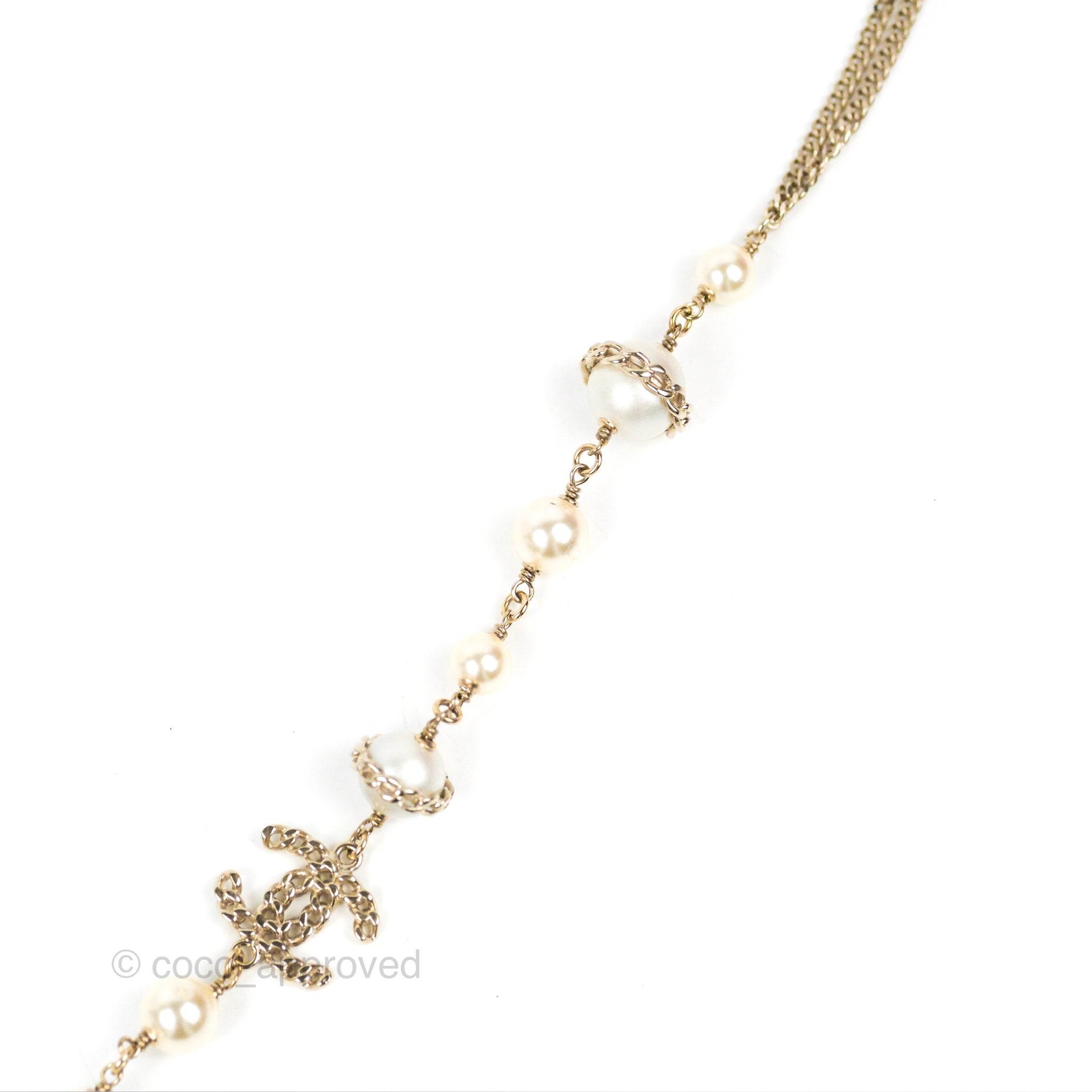 Chanel CC Pearl Chain Long Necklace in Gold Tone - Elegant 16B Design for Women | Perfect for Evening Parties, Weddings & Special Occasions