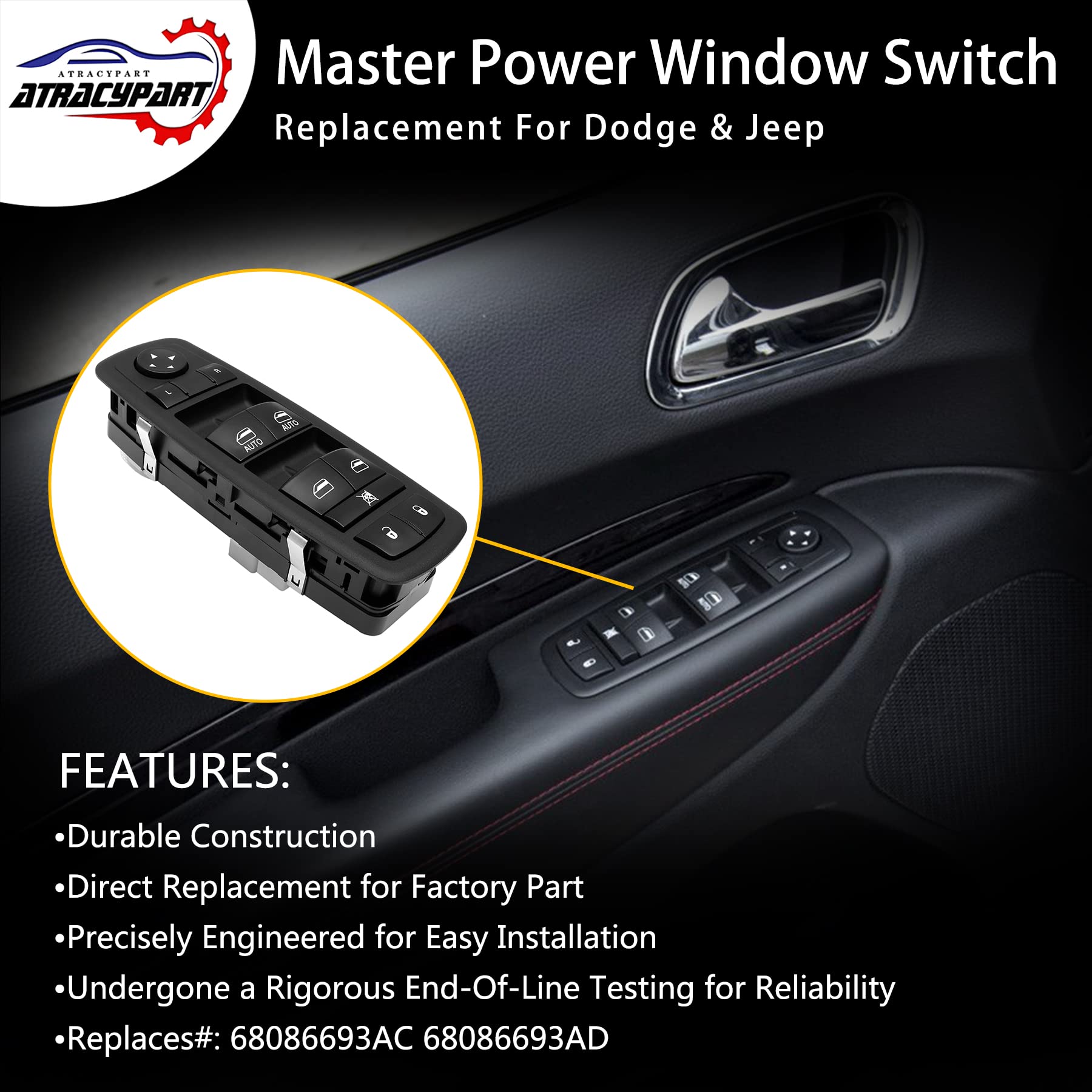 2011-2014 Dodge Durango & Jeep Grand Cherokee Power Window Master Switch Replacement – 3-Pin & 8-Pin Compatible (Fits Part# 68086693AC, 68086693AD) – Easy DIY Installation for Driver Side Window Controls
