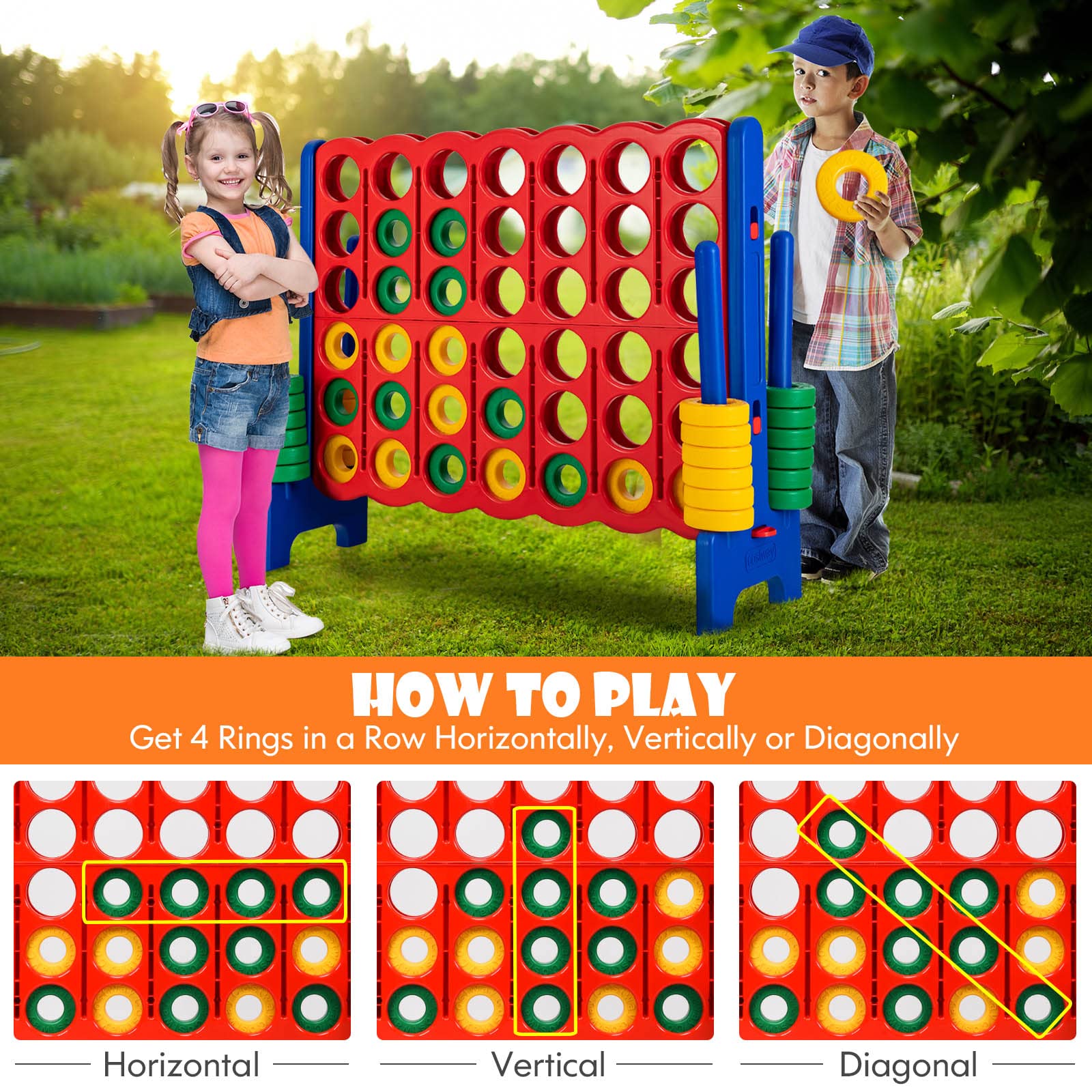 HONEY JOY Jumbo 4-to-Score Giant Game Set - Outdoor Yard Games for Family & Friends - 42 Large Rings with Quick-Release Slider - 3.5FT Tall 4-in-A-Row Connect Game for Kids & Adults - Perfect for Backyard Parties, Picnics, and Outdoor Gatherings
