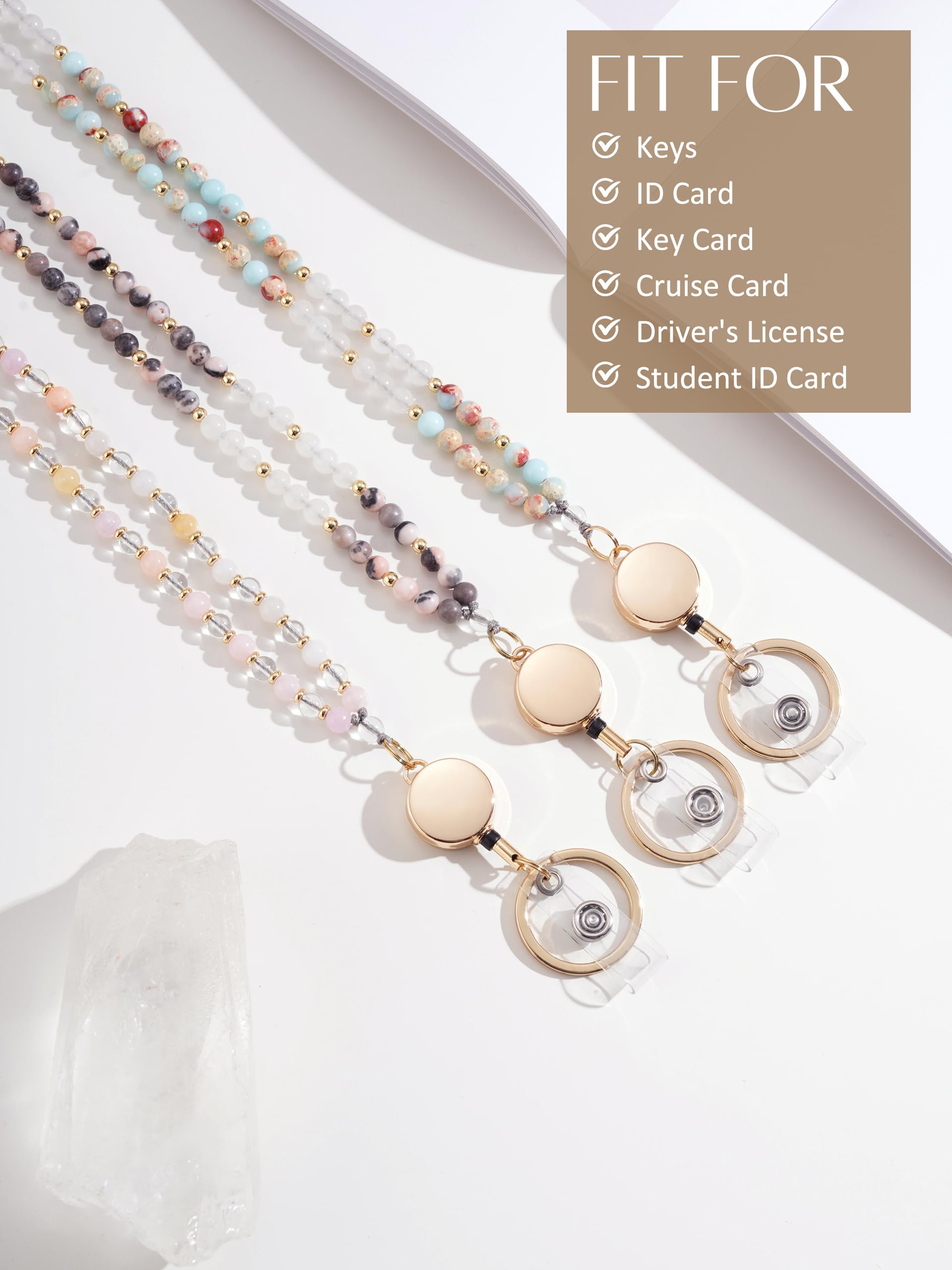 Retractable Beaded Lanyards for Women - ID Badges & Keys - Natural Stone & Morganite - Perfect for Teachers & Office Use