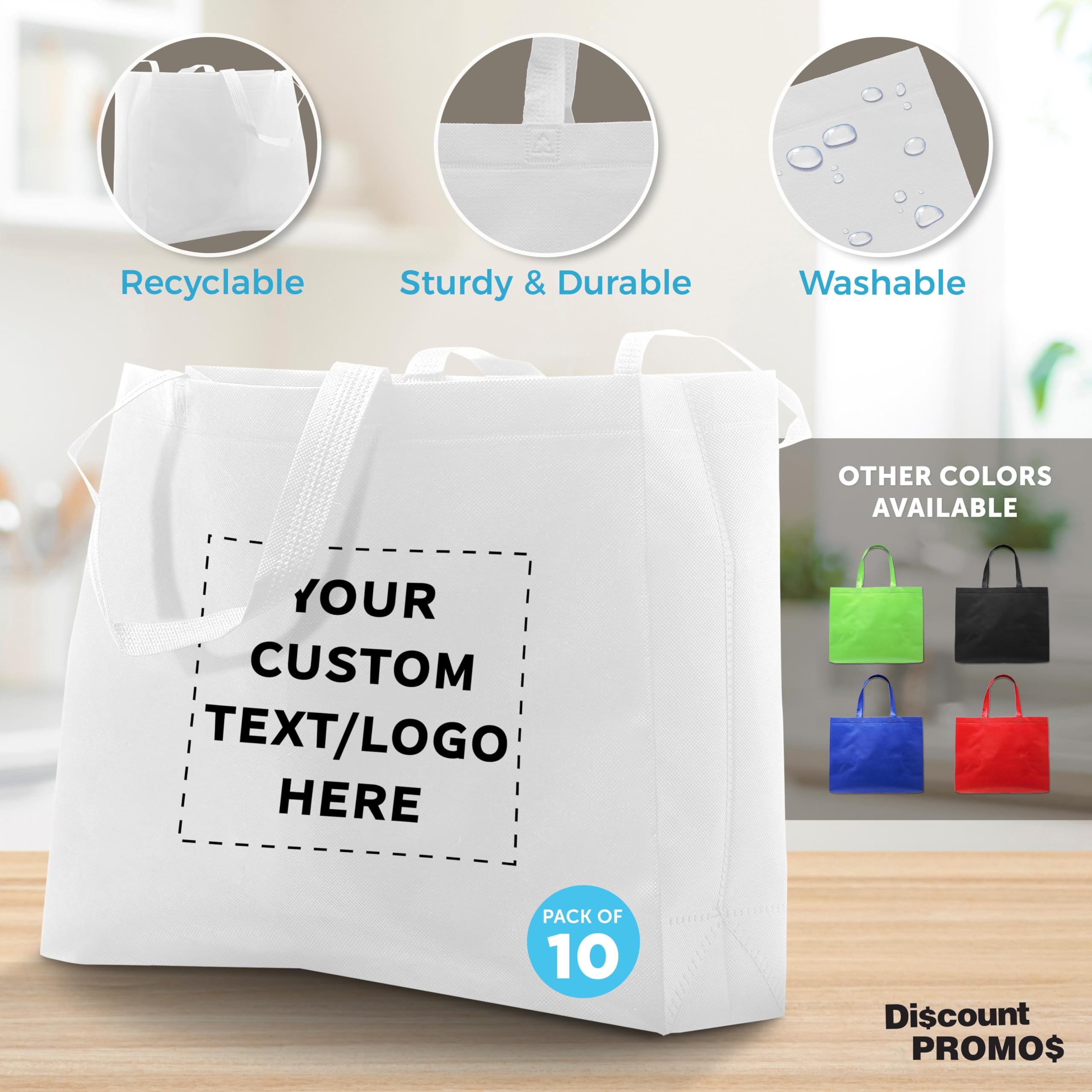 Custom Jumbo Reusable Tote Bags Bulk Pack - 10 Personalized Large Grocery Shopping Bags for Women | Promotional Items, Eco-Friendly & Durable | Perfect for Groceries, Beach Trips & Retail Promotions