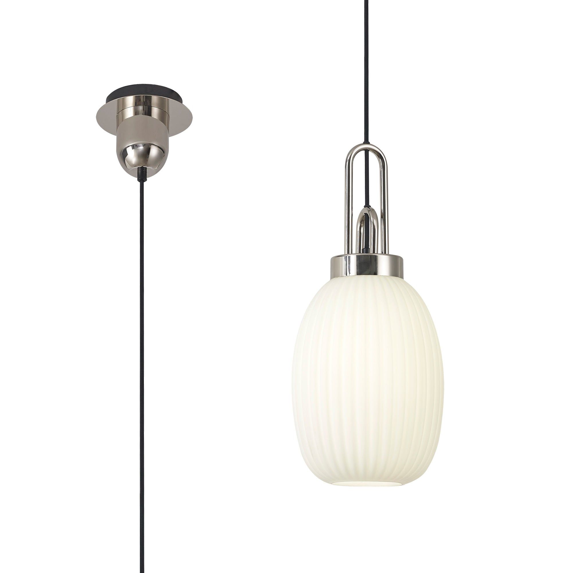 Cadiz 1-Light Pendant Light Fixture with 20cm Almond Ribbed Glass Shade, E27 Socket, IP20 Rated - Perfect for Kitchen Island, Dining Room, or Bedroom Lighting