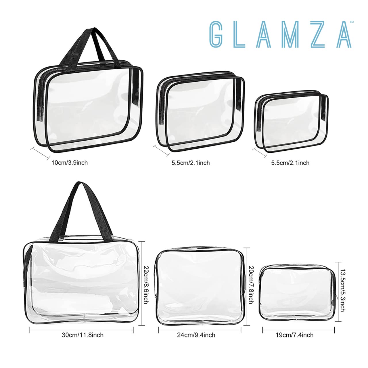 GLAMZA® 3-Piece Clear PVC Travel Toiletries Bag Set - Small, Medium & Large Cosmetic Organizer for Makeup, Skincare & Essentials | Perfect for Airplane Carry-on, Gym & Vacation (Black)