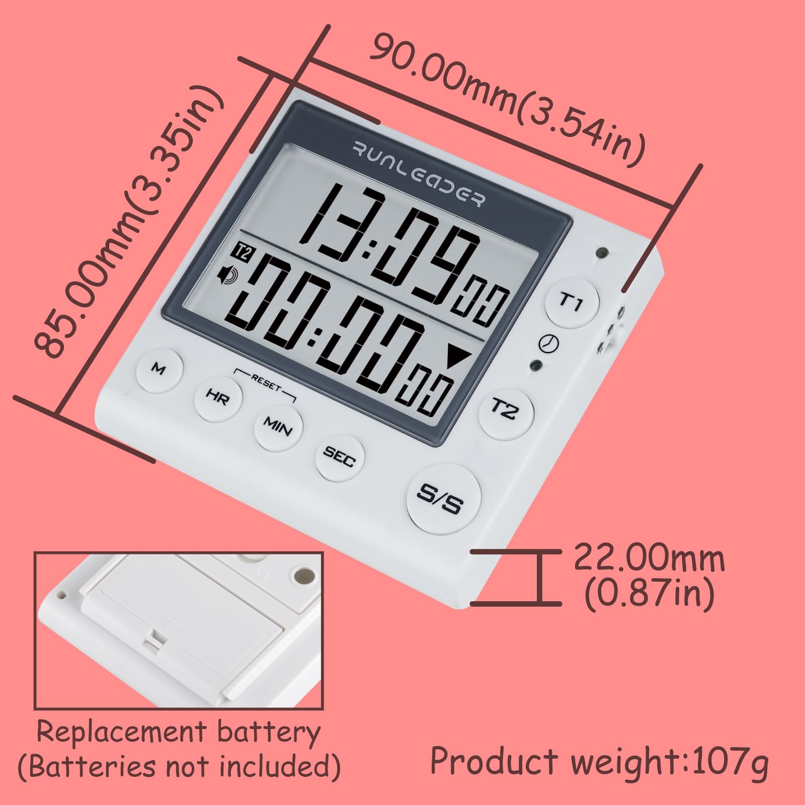 2-Channel Digital Countdown & Countup Timer with 12H/24H Clock Display - White | Perfect for Kitchen Cooking, Classroom Labs, and Fitness Workouts