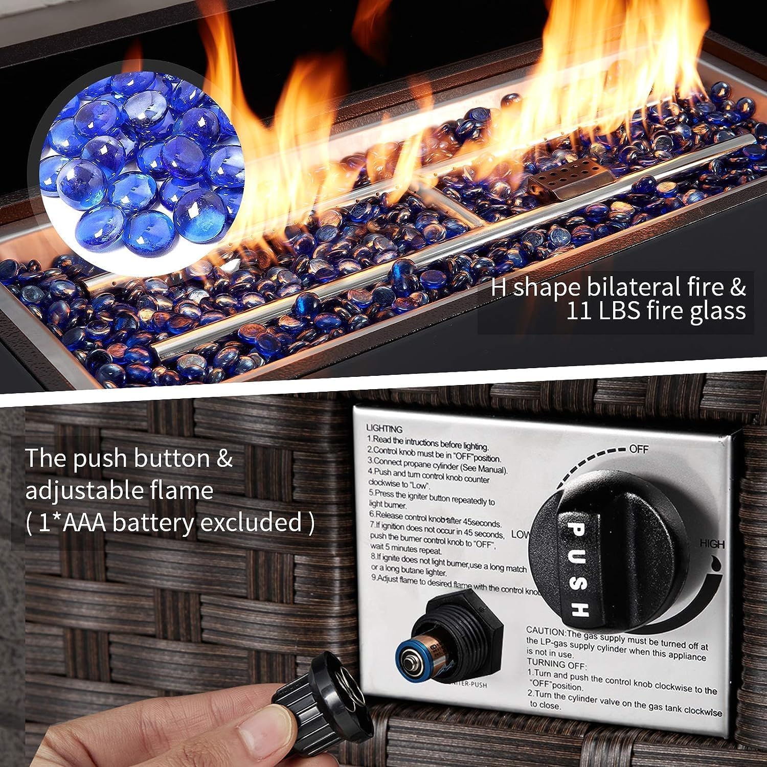 U-MAX 44 Inch Outdoor Propane Fire Pit Table - 50,000 BTU Auto-Ignition Gas Fire Pit with Wind Guard, Black Tempered Glass Top & Blue Fire Glass Rocks, Brown PE Wicker, CSA Certified - Perfect for Patio, Backyard, Deck and Garden Gatherings