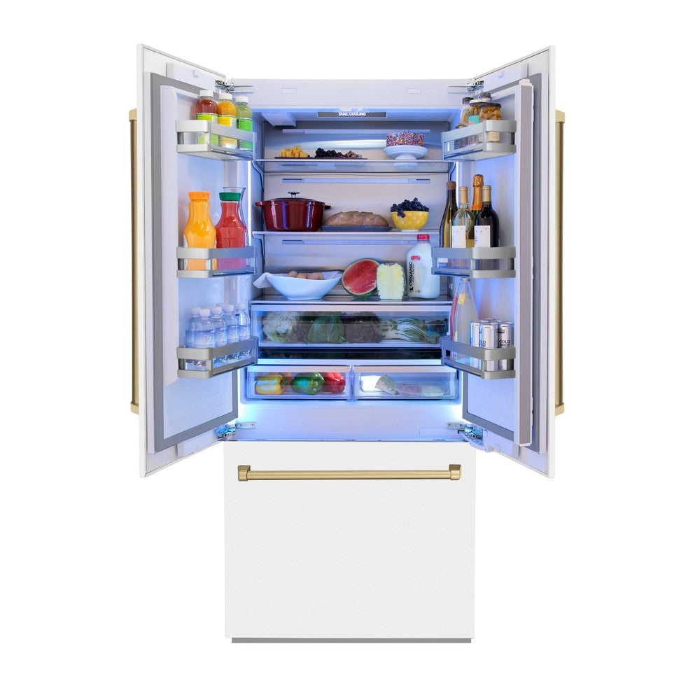 ZLINE Autograph Edition 36 Inch French Door Built-In Refrigerator - 19.6 cu ft Capacity, Bottom Freezer, Water Dispenser & Ice Maker - White Matte with Champagne Bronze Accents (RBIVZ WM 36 CB) | Perfect for Modern Kitchens, Open-Concept Homes & Luxury Appliance Upgrades