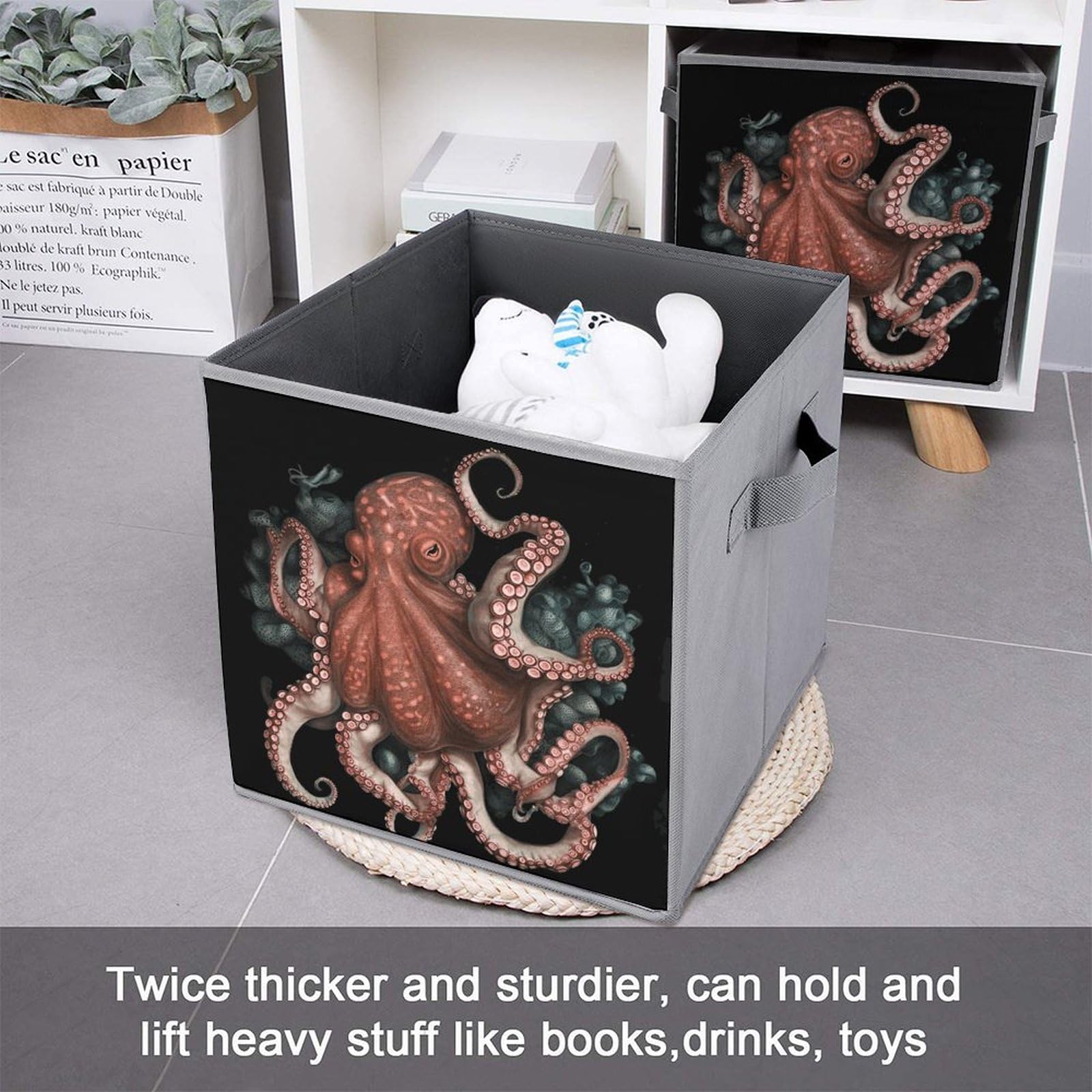 6-Piece Collapsible Storage Bins with Handles - Octopus Design Foldable Storage Boxes for Home Organization, Closet, Pantry & Shelves | Space-Saving Multi-Purpose Storage Baskets for Toys, Books & Household Items