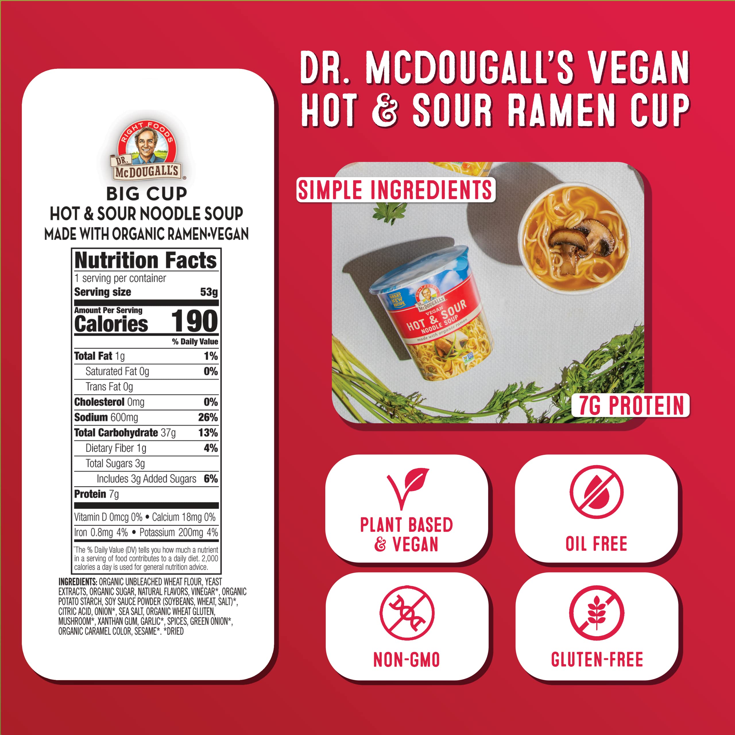 Dr. McDougall's Right Foods Vegan Hot and Sour Ramen Noodles - 12 Pack (1.9 oz Cups) | Instant Vegan Ramen for Quick Meals, Office Lunches & Emergency Food Supply