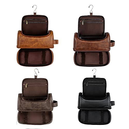 Elviros Leather Toiletry Bag for Men & Women - Large Water-Resistant Travel Organizer with Hanging Hook - Perfect for Bathroom, Shaving, Gym & Business Trips