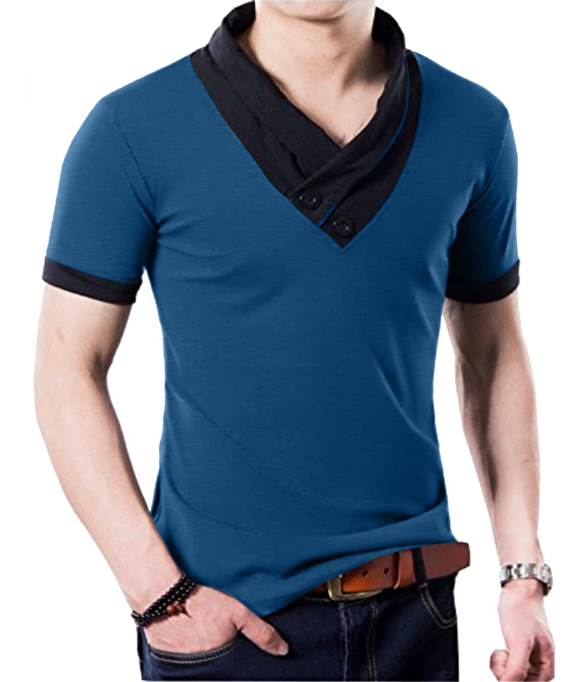 YTD Men's Cotton Casual V-Neck Button Slim Fit Muscle Tee - Short Sleeve T-Shirt for Gym, Workout & Everyday Wear | Breathable Comfort Fit for Active Lifestyle