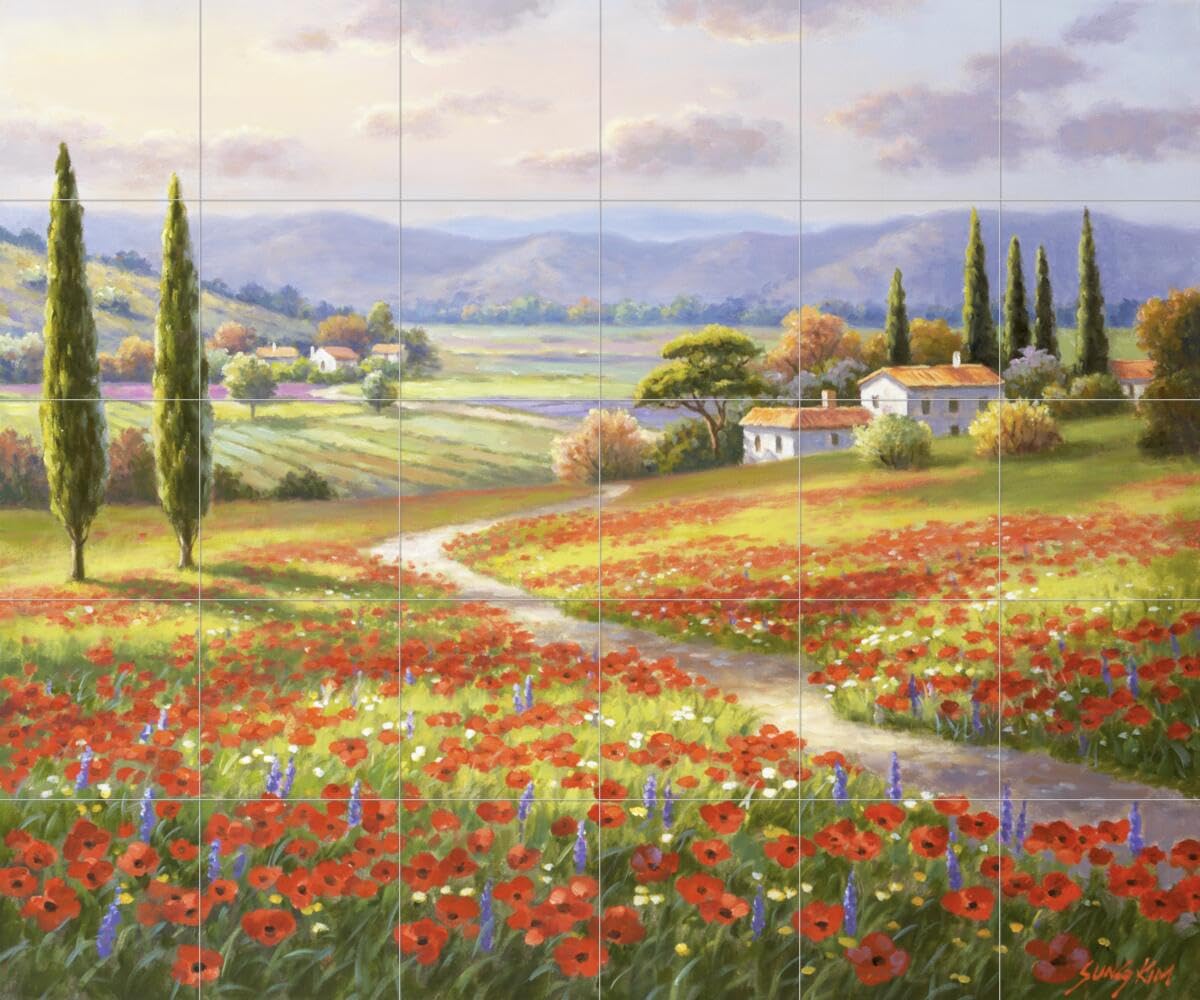 Hand-Painted Ceramic Backsplash Tile Mural - Tuscan Italian Countryside Poppy Fields Design for Kitchen & Bathroom Decor | Waterproof & Easy to Clean | by Sung Kim