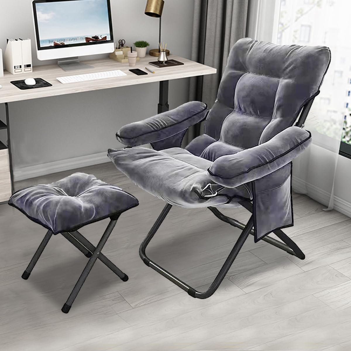 Modern Lazy Chair with Ottoman - Foldable Reclining Lounge Chair with Armrests & Side Pocket - Comfortable Leisure Sofa for Bedroom, Living Room, Office - Perfect for Relaxing, Reading & Napping (Grey)
