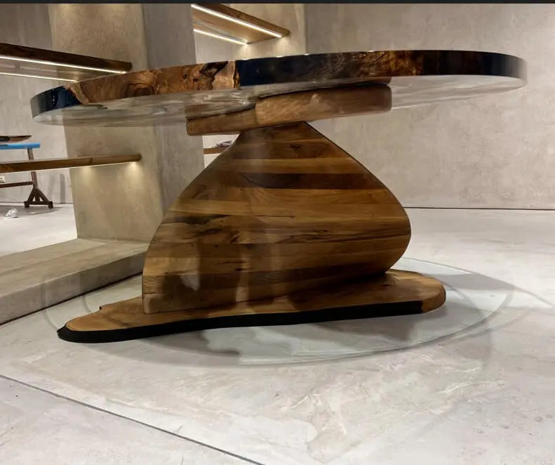 Handmade Round Epoxy Resin Table with Natural Walnut Wood Vortex Base - Modern Coffee Table for Living Room, Office & Dining Room Decor