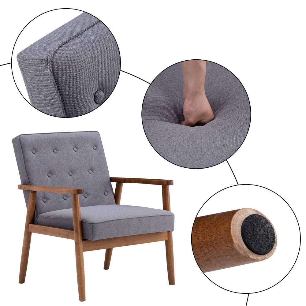 Modern Fabric Upholstered Arm Chair with Wooden Frame - Gray Lounge Chair for Living Room, Bedroom, or Office - Comfortable Single Sofa Chair for Relaxing and Reading