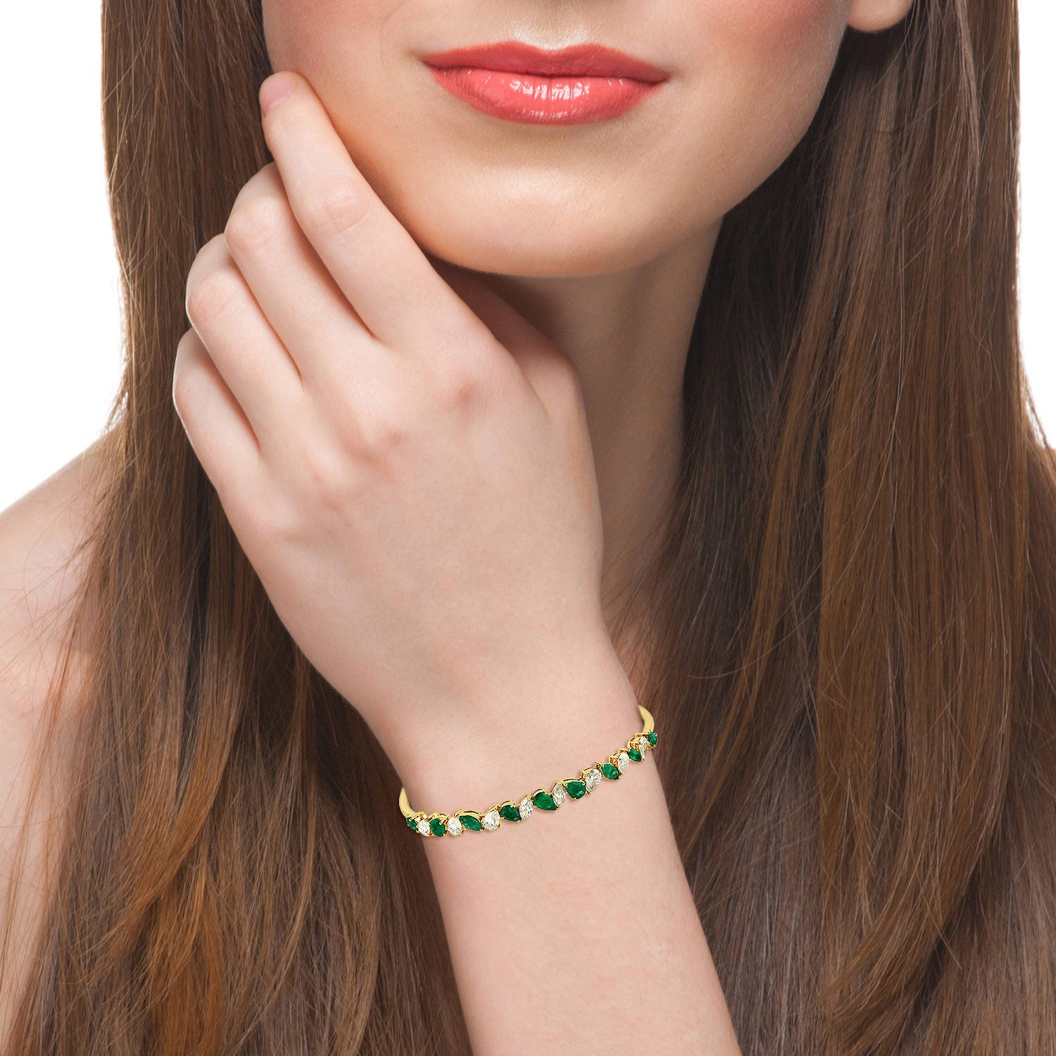Genuine Emerald Prong Rose Cut Diamond Yellow Gold Cuff Bracelet for Women - Elegant Jewelry Gift for Anniversary, Wedding & Special Occasions