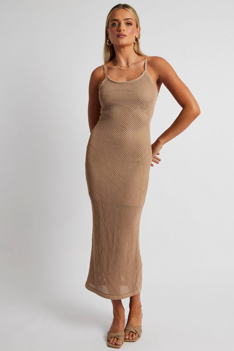 Beige Knit Midi Dress for Women - Sleeveless Summer Casual Dress - Perfect for Beach Vacation, Brunch & Date Night