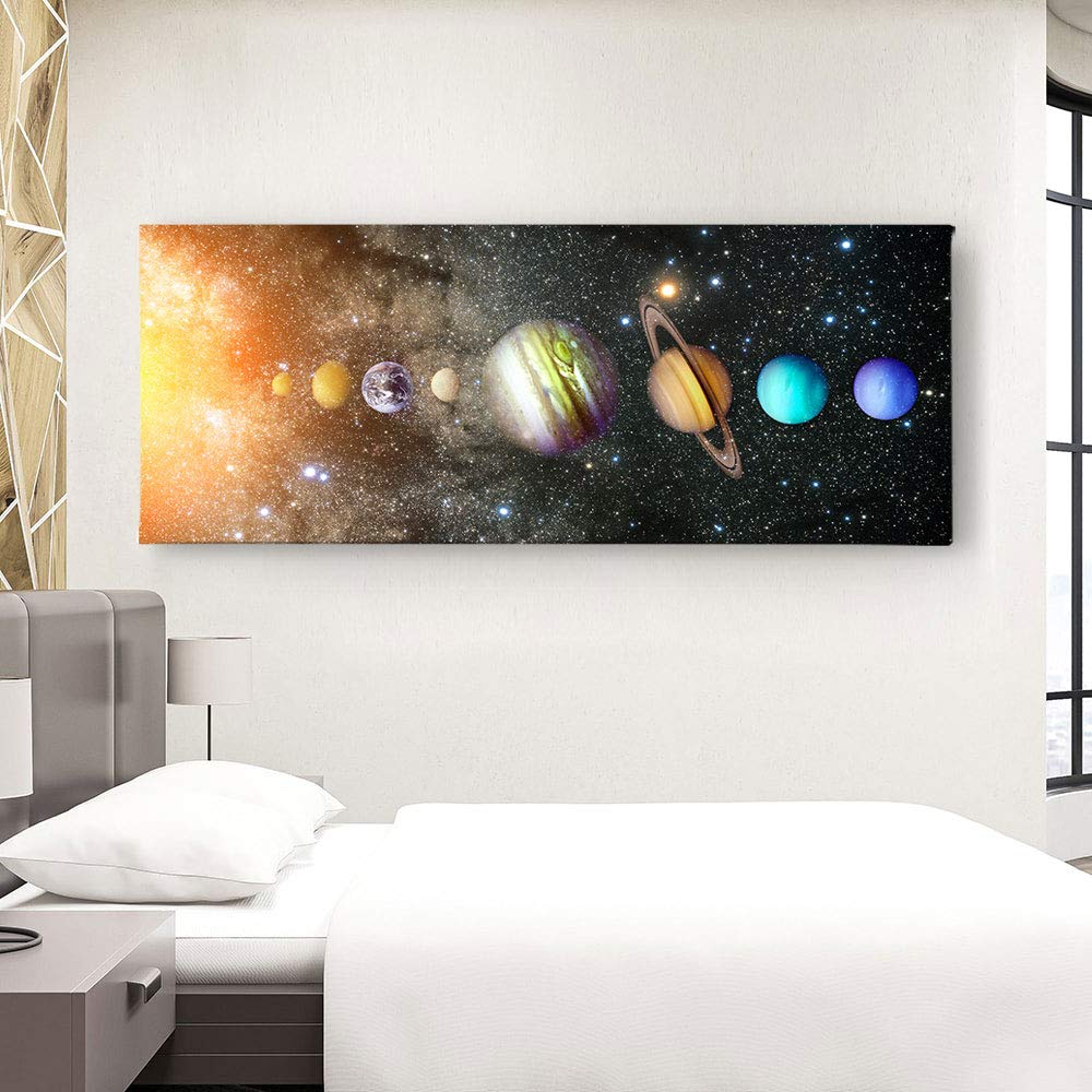 Premium Solar System Space Panoramic Canvas Wall Art - Astronomy Planets Decor for Home & Office - Ready to Hang - Made in USA (36L x 16W) - Perfect for Living Room, Bedroom, Classroom & Space Theme Decor