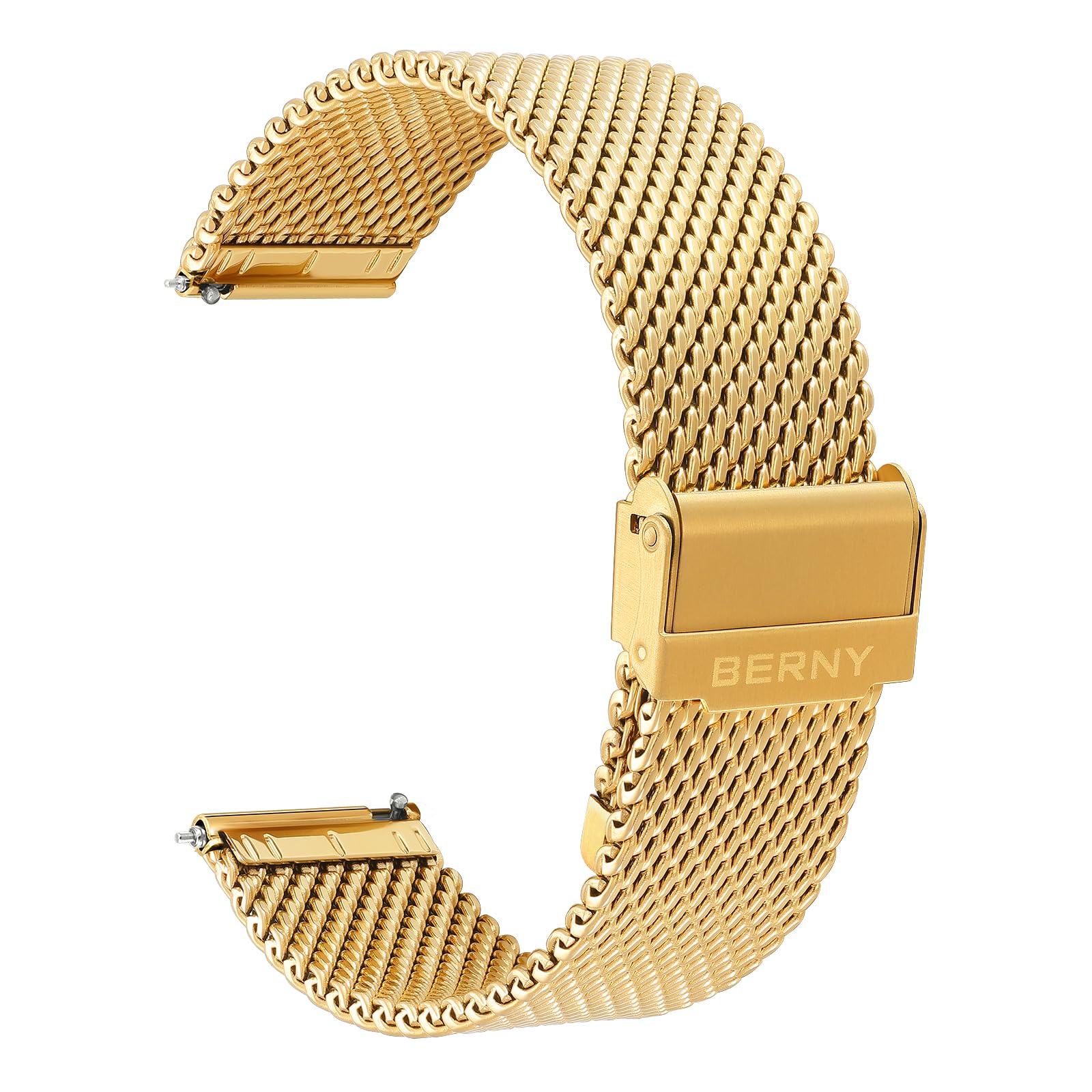 BERNY Stainless Steel Mesh Watch Band for Men & Women - Quick Release, Adjustable Milanese Strap with Double Safety Clasp - Gold & Blue for Daily Wear & Formal Occasions