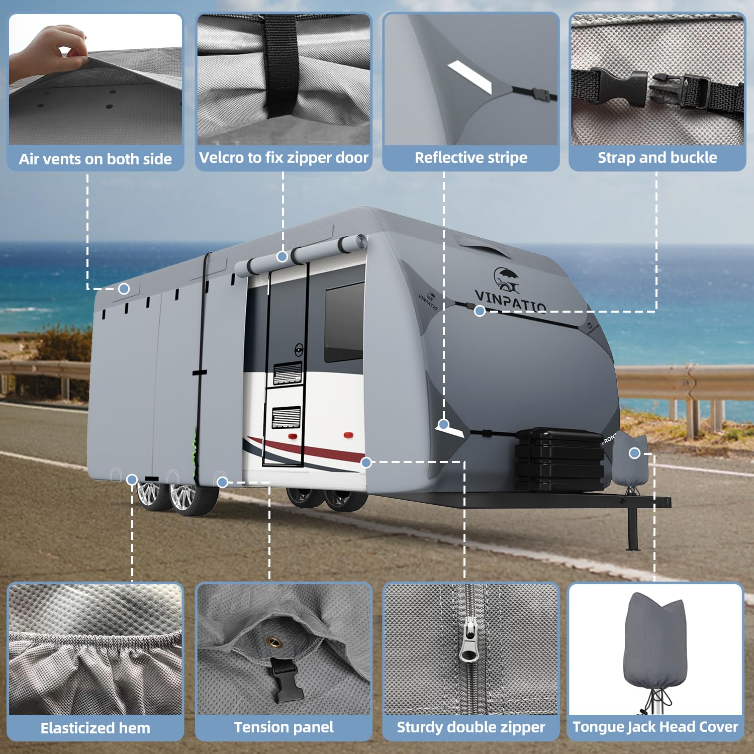Heavy Duty 7-Layer RV Cover for 35'-38' Travel Trailers & Toy Haulers | Waterproof, Windproof Camper Cover with Tongue Jack Protection & Extra Straps | Perfect for Outdoor Storage & Winter Protection