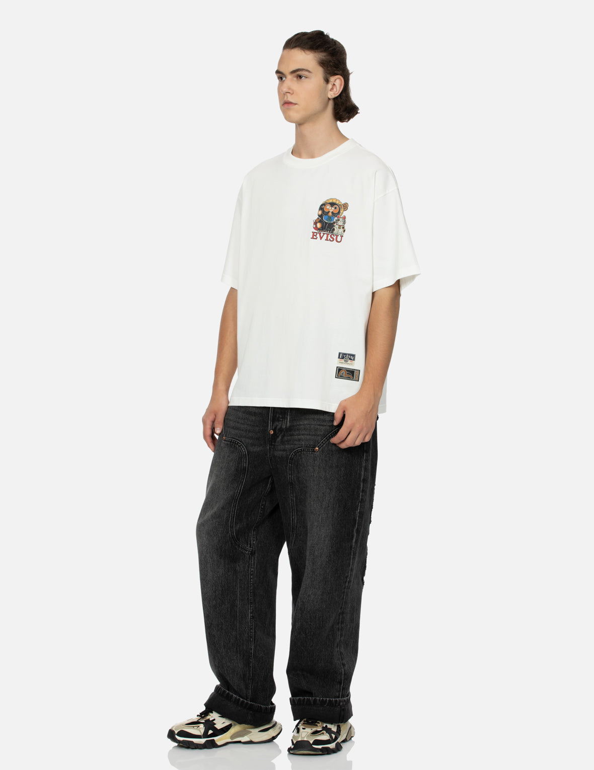 Tanuki & Fortune Cat Print Loose Fit T-Shirt - Japanese Lucky Charm Graphic Tee for Casual Wear & Street Fashion