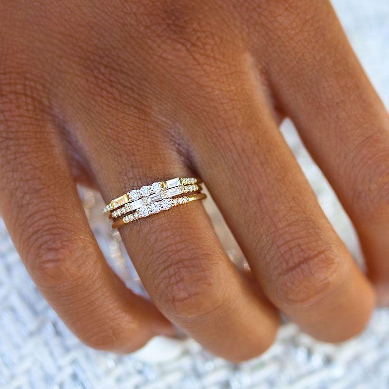 Triple Baguette and Pavé Diamond Wedding Band - Elegant Stackable Ring for Women, Perfect for Engagement, Anniversary, and Everyday Wear