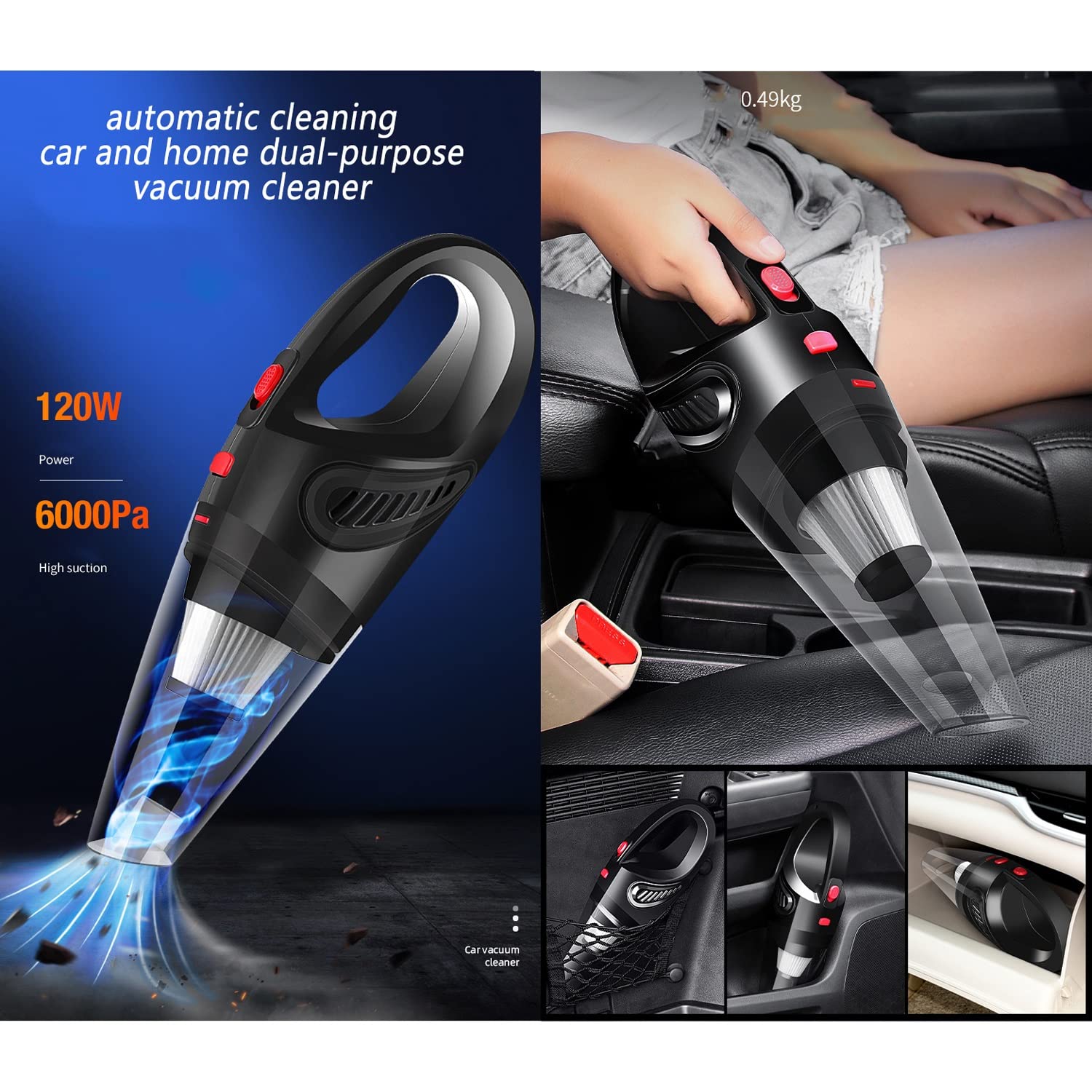 Portable Cordless Handheld Vacuum Cleaner - 120W High Power, 6000Pa Strong Suction for Wet & Dry Cleaning - Ideal for Home, Car, Office & Pet Hair Removal | Quick Cleaning Solution for Floors, Carpets & Upholstery