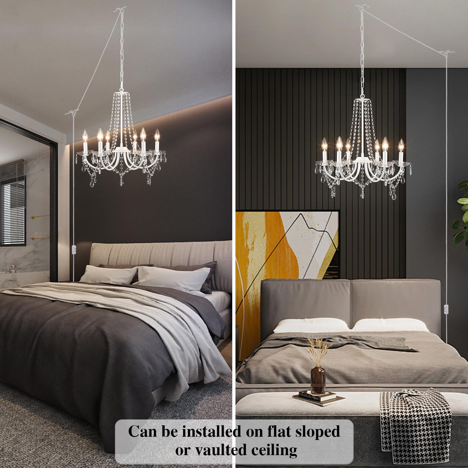 MEIJIA Modern Crystal Chandelier - 6-Light Plug in Ceiling Fixture with 15.75ft Cord, White Mini Chandelier for Dining Room, Bedroom, Bathroom & Hallway | Elegant Lighting for Home Decor & Special Occasions
