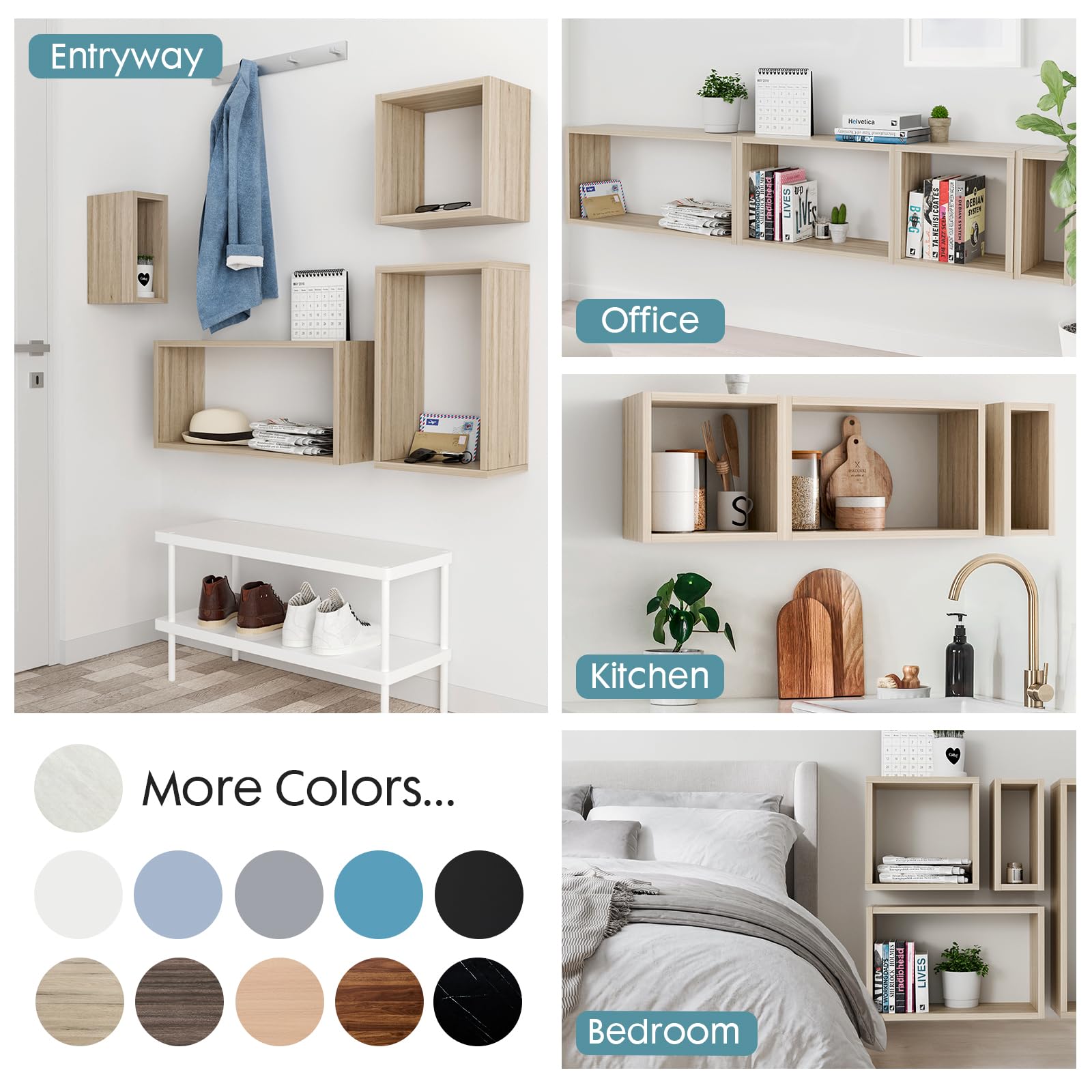 Kaboon Wall Mount Shelf Set of 4 - Floating Cube Shelves for Home & Office Decor - Large Size Oak Wood Shelving Unit - Perfect for Living Room, Bedroom, Kitchen & Commercial Spaces