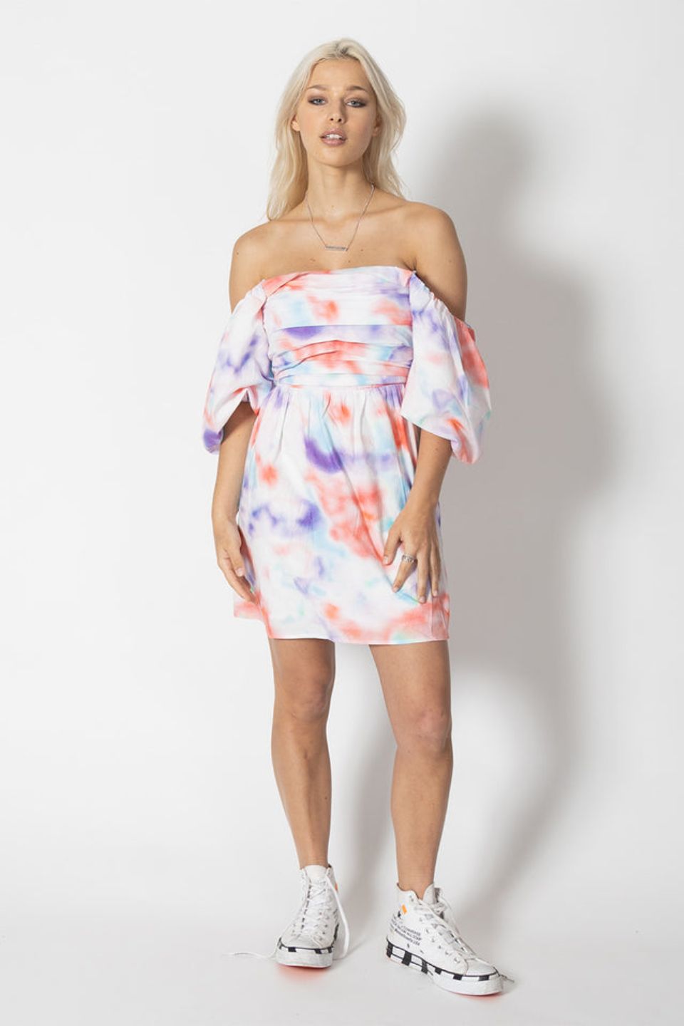 Trendy White Tie Dye Pleated Bust Puff Short Sleeve Mini Dress for Women | Summer Casual Outfit, Beach Party, Date Night