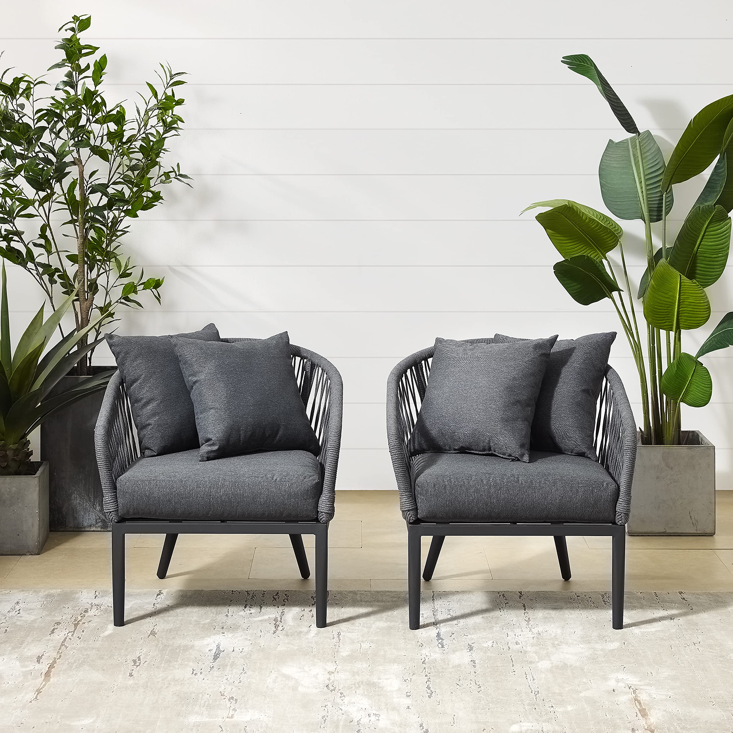 Crosley Dover 2-Piece Indoor Outdoor Chair Set - Matte Black Patio Chairs with Charcoal Cushions for Conversation, Porch, Deck, Garden & Backyard Relaxation