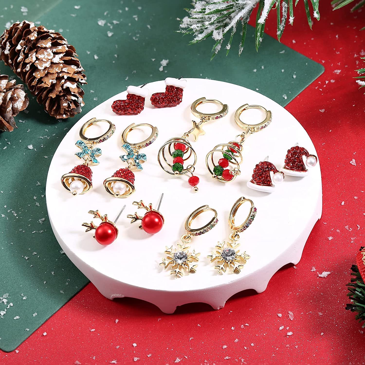 6 Pairs Christmas Hoop Dangle Earrings for Women - Gold Plated Snowflake, Bell, Xmas Tree, Reindeer & Santa Hat Drop Earrings Set | Holiday Party, Gift Exchange, Festive Outfit Accessories
