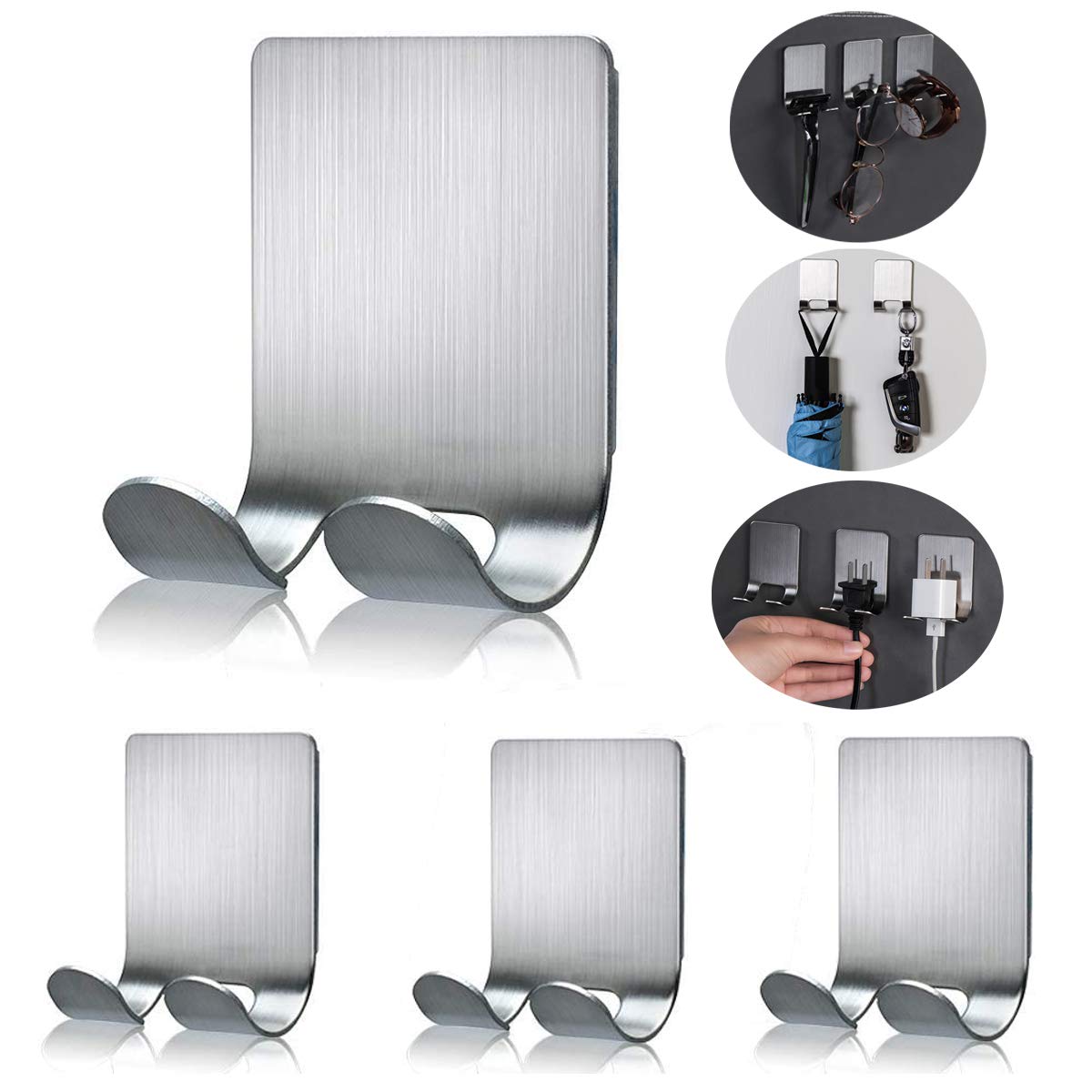 ORIONE 4-Pack Stainless Steel Shower Hook Hangers - Self-Adhesive Razor Holder, Bathrobe Hook & Towel Rack for Bathroom & Kitchen Organization - Perfect for Shavers, Robes, Loofahs & Coats